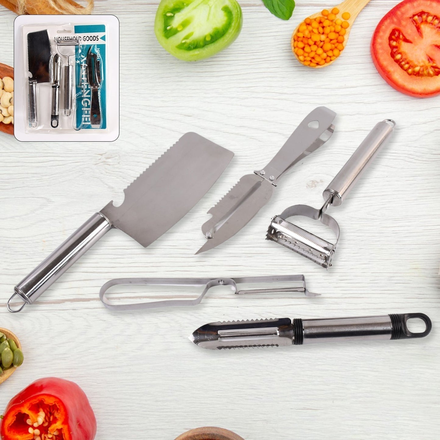 Multifunctional peeler, grater, fruit peeler, kitchen household gadget set (5 Pc Set)