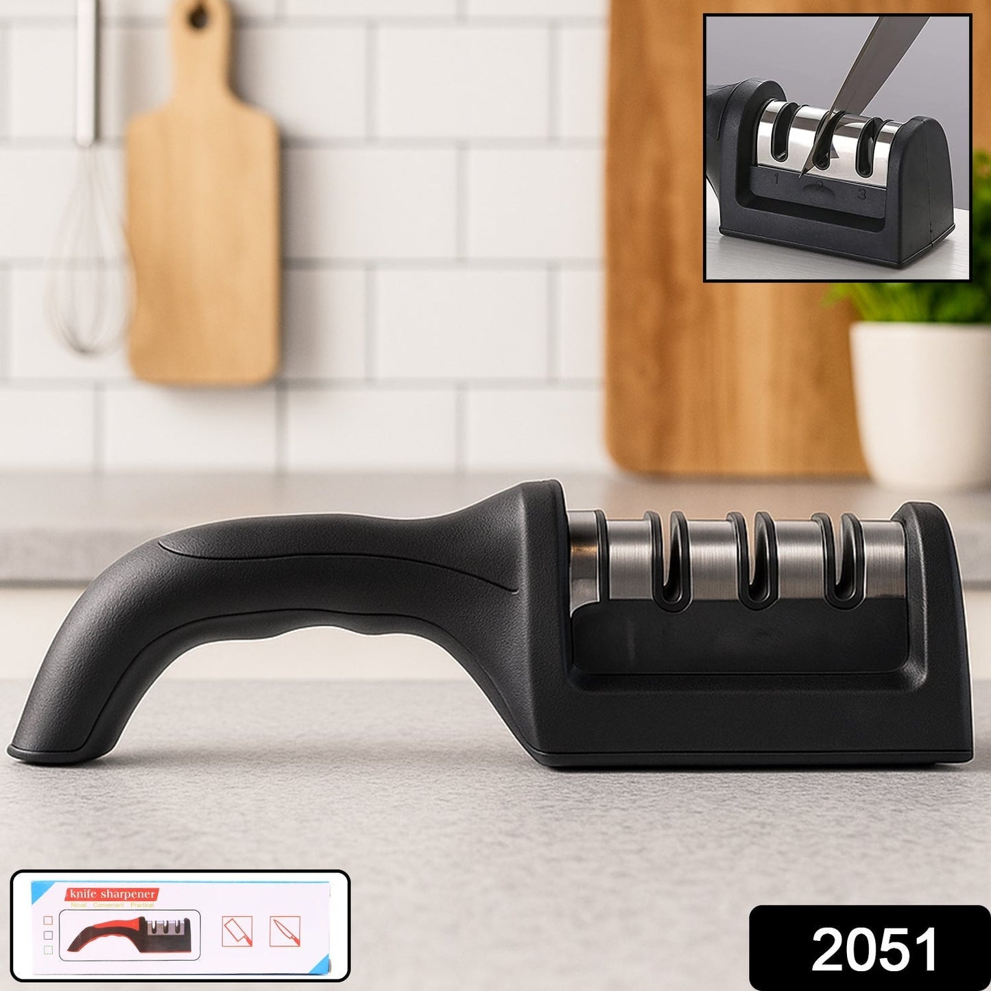 Manual Red & Black Knife Sharpener 3 Stage Sharpening Tool for Ceramic Knife and Steel Knives.