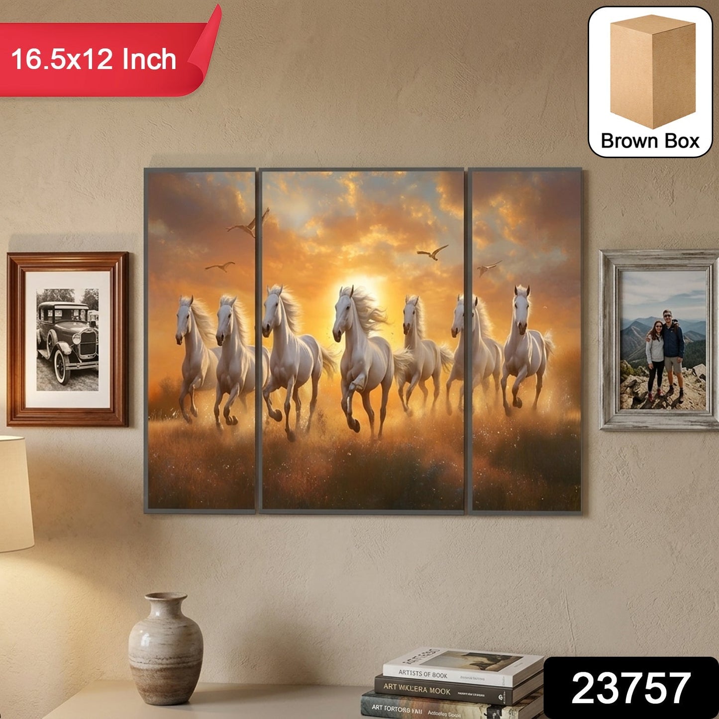 Horses Sunset 3 Panel MDF Wall Art Painting 16.5x12 Inch