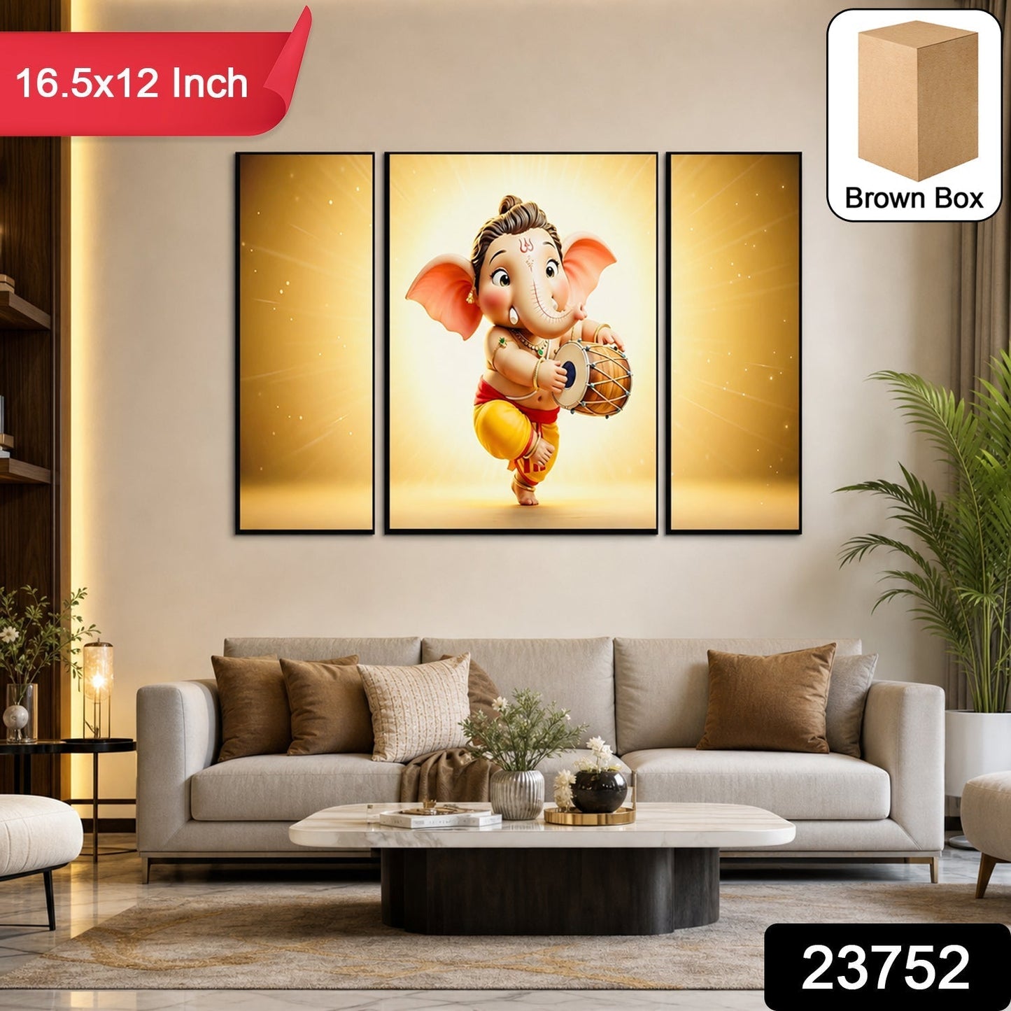 Ganesha 3 Panel MDF Wall Frame Home Decor Religious Art 16.5x12in (1 Pc)