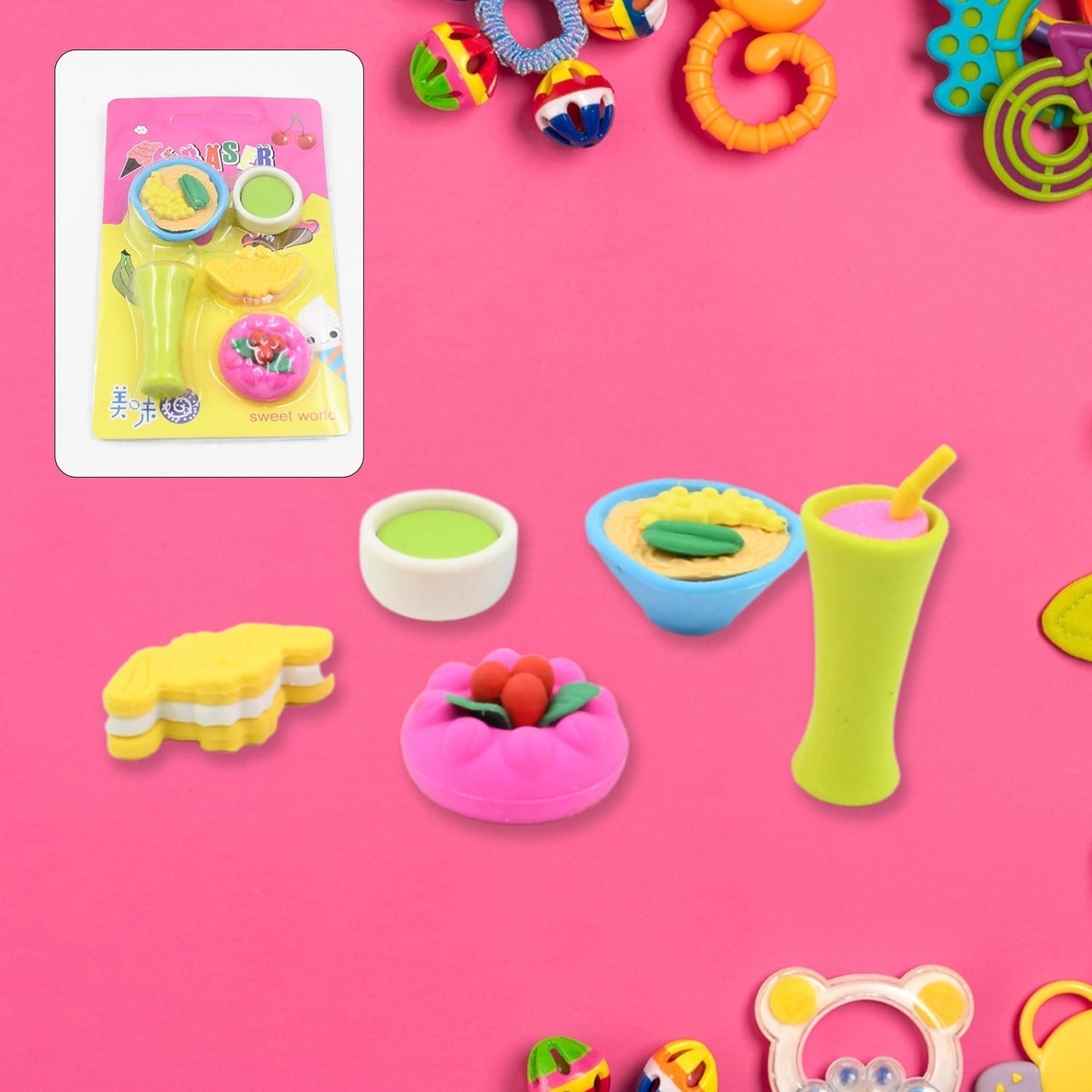 3D Mix Design Fancy & Stylish Colorful Erasers – Cute Novelty Eraser Set for Kids & School Prize (1 Set)