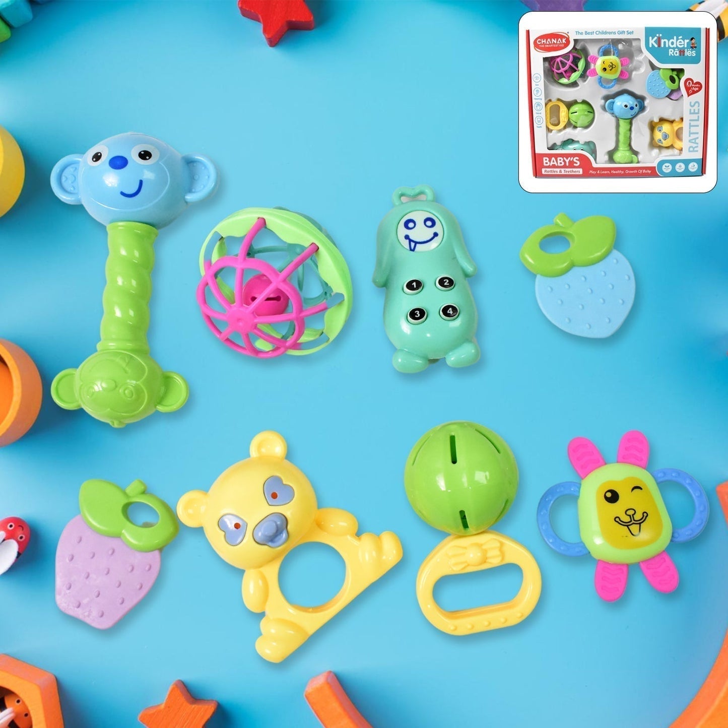 Kinder Rattles Classic Store Plastic Non-Toxic Shake and Grab Ball Baby Rattles & Teethers (8 Pcs Set)