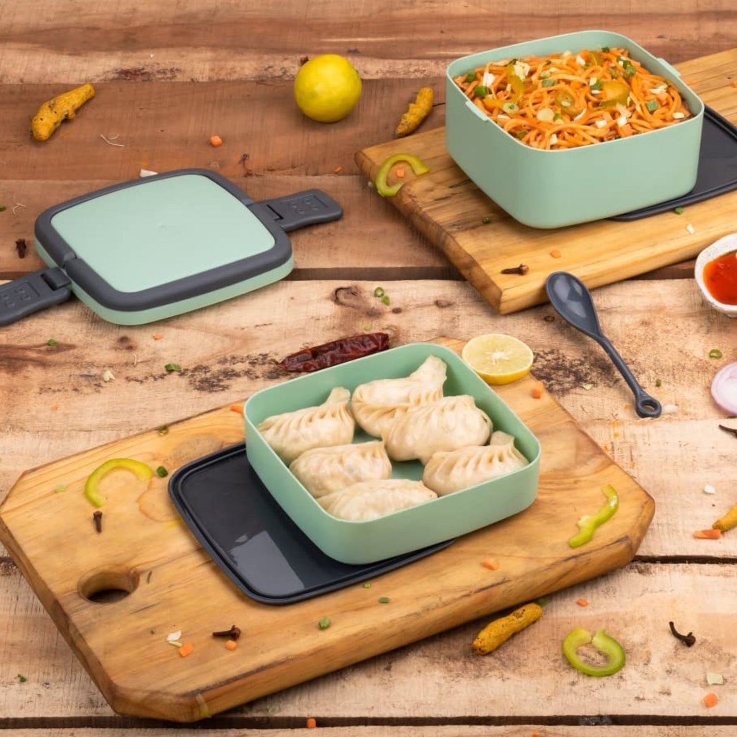 GREEN DOUBLE-LAYER PORTABLE LUNCH BOX STACKABLE WITH CARRYING HANDLE AND SPOON LUNCH BOX , Bento Lunch Box