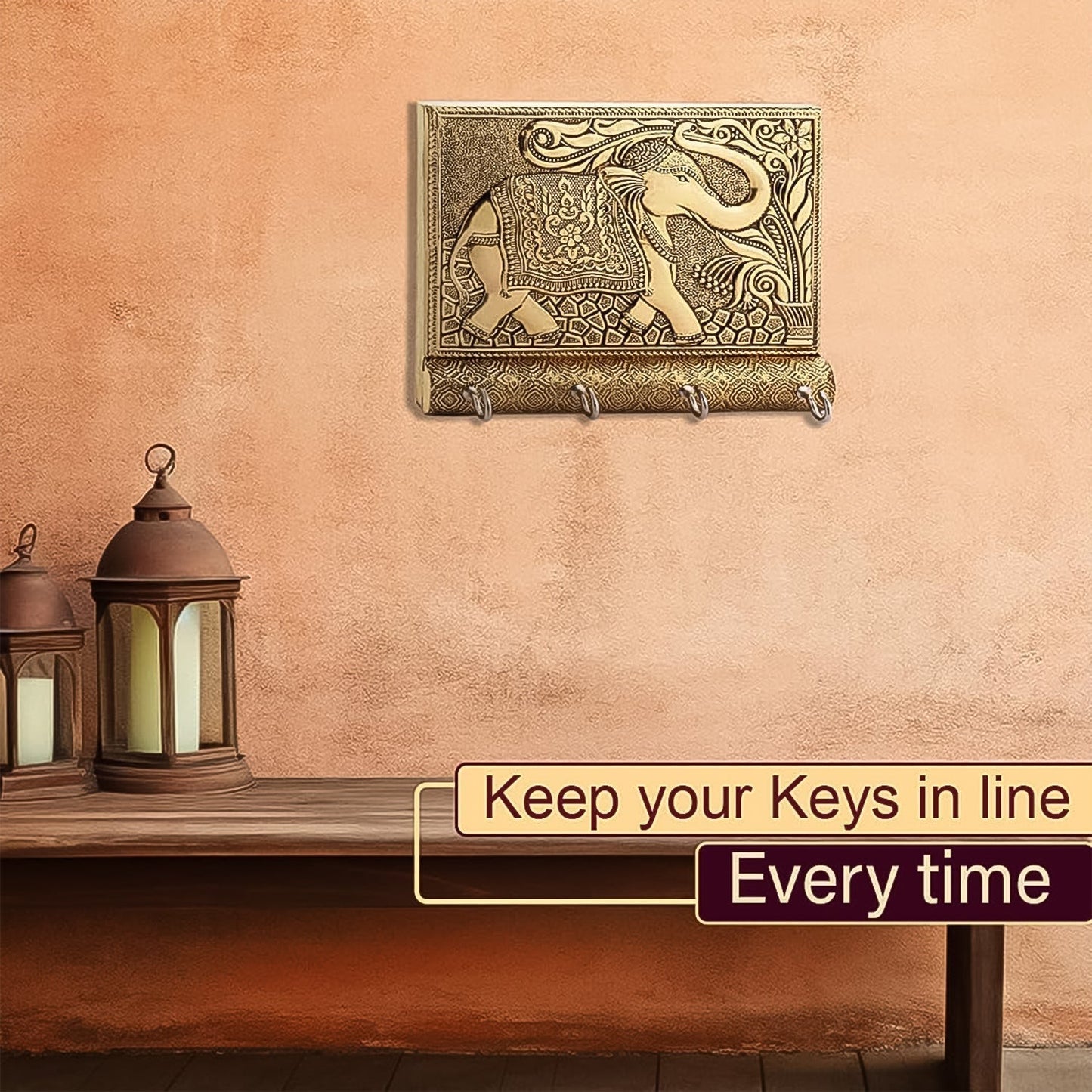 Wooden Key Holder for Home Decor Stylish Metal Gold Antique Elephant Design (1 Pc)