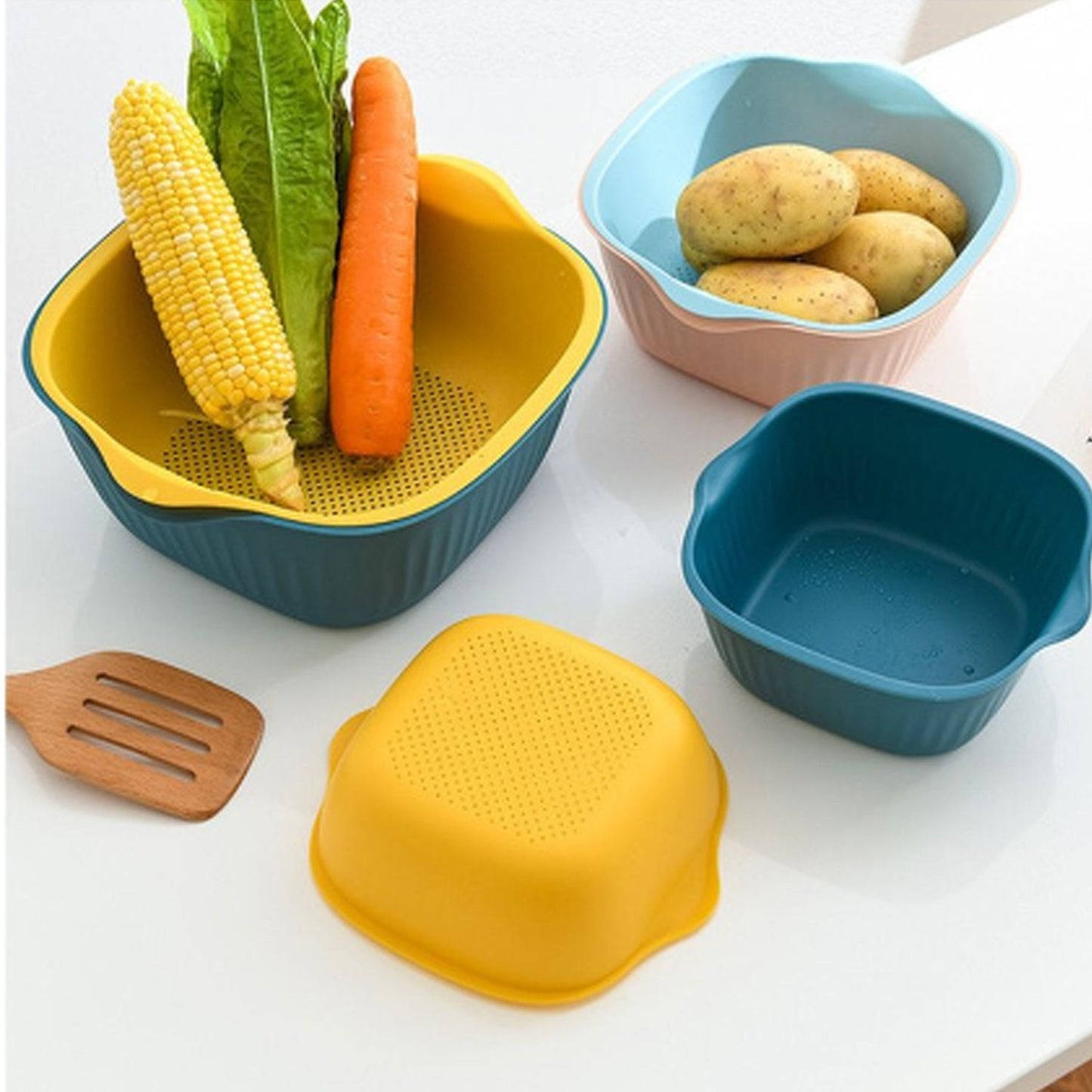 Plastic Washing Bowl & Strainer Basket for Kitchen (Set of 2)