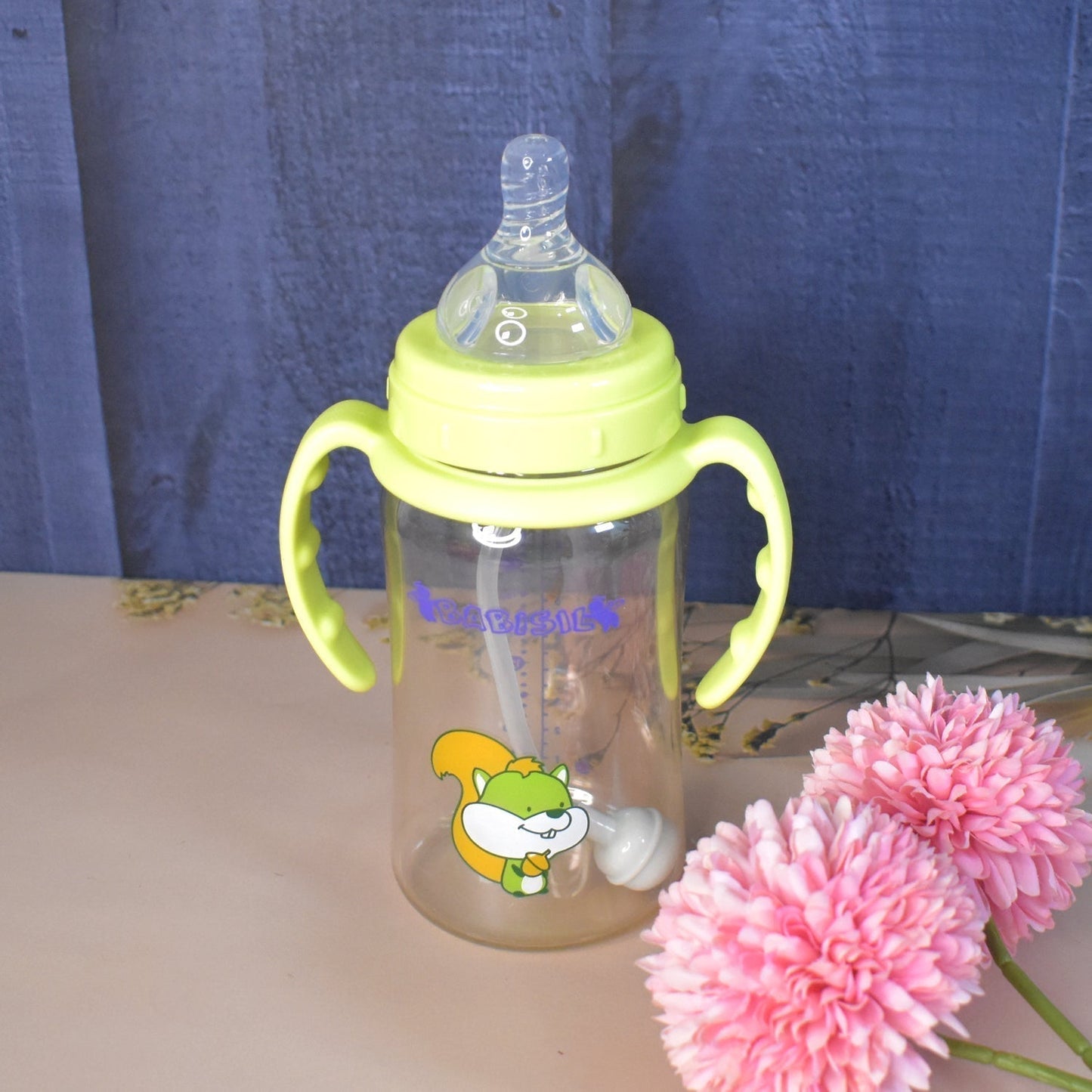 Plastic Baby Feeding Bottle with Handles, Cleaning brush & Straw (300 ML / 1 Pc)