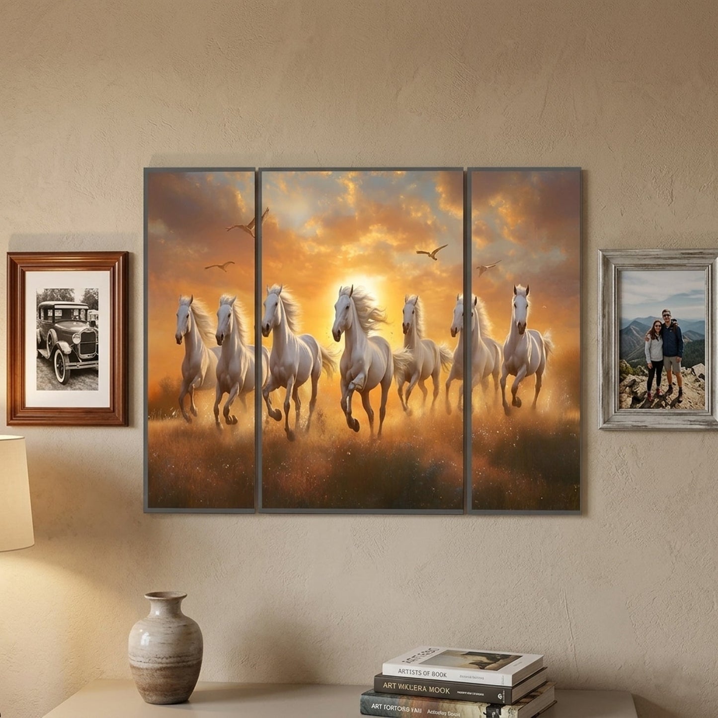 Horses Sunset 3 Panel MDF Wall Art Painting 16.5x12 Inch