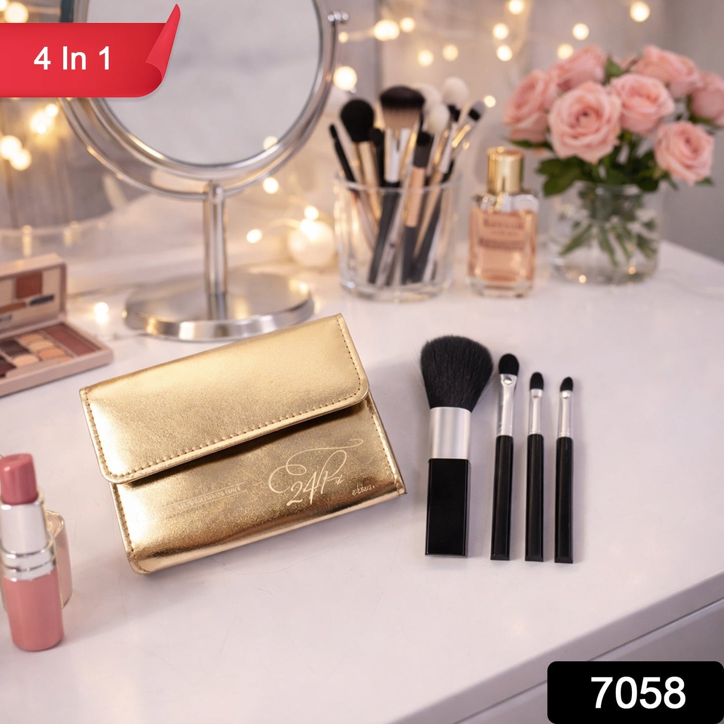 4 in 1 Professional Makeup Brush Set with Premium Storage Pouch (1 Pc)