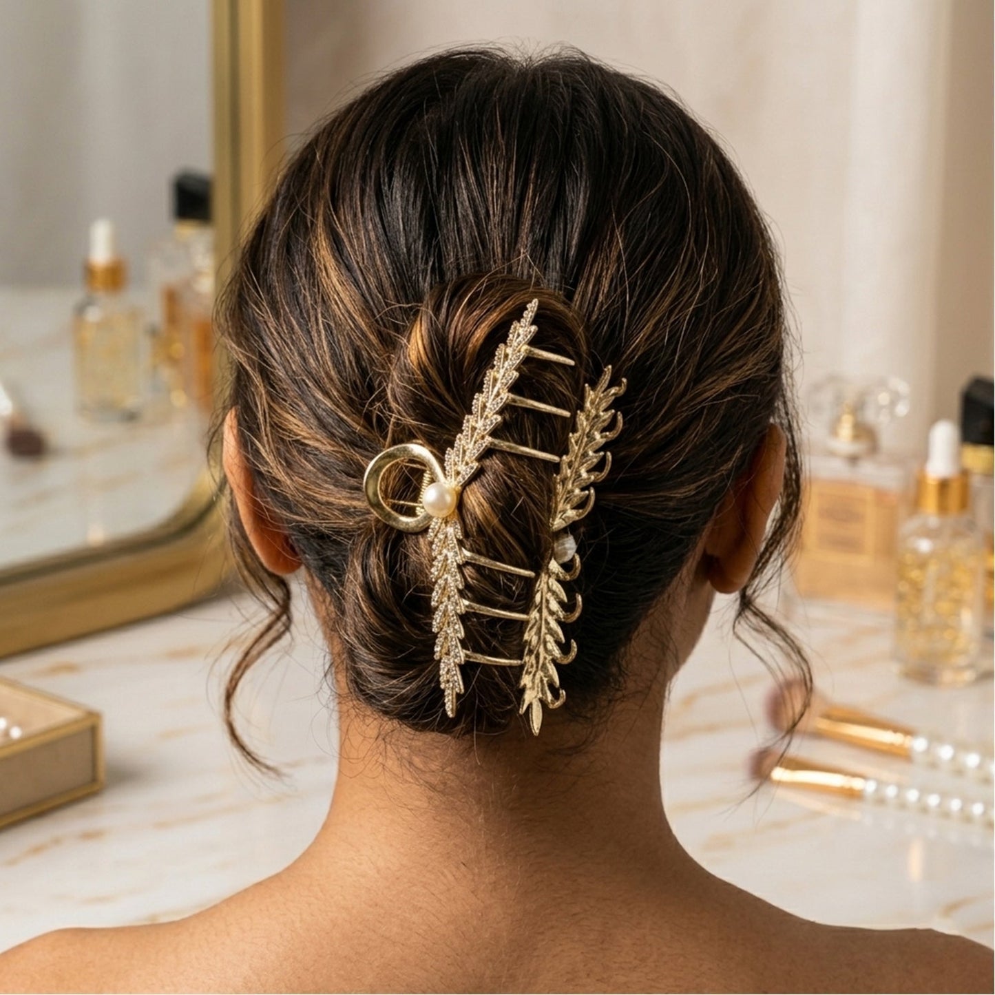 Luxury Leaf Design Pearl Hair Claw Clip for Women (1 Pc)