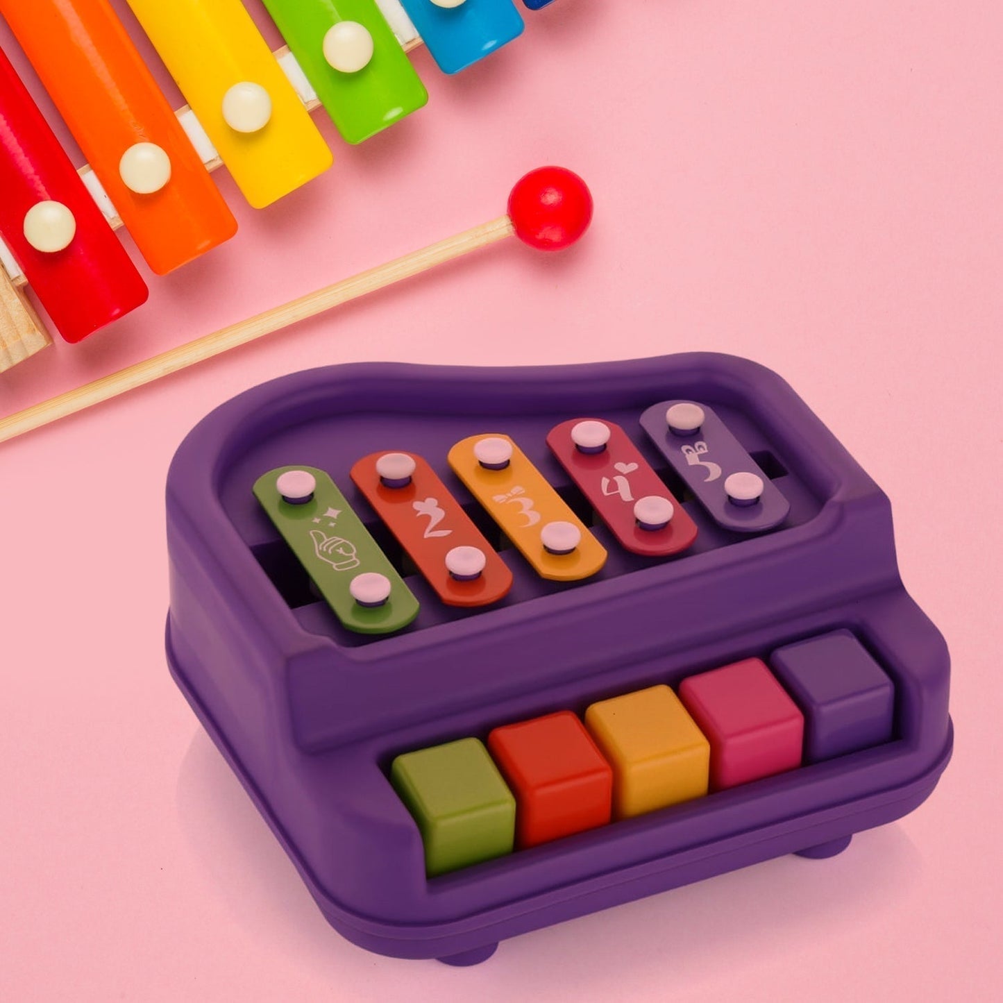 2 in 1 Baby Piano Xylophone Toy for Toddlers, 5 Multicolored Key Keyboard Xylophone Piano, Preschool Educational Musical Learning Instruments Toy for Baby Kids Girls Boys 3+ Years (1 Pc)