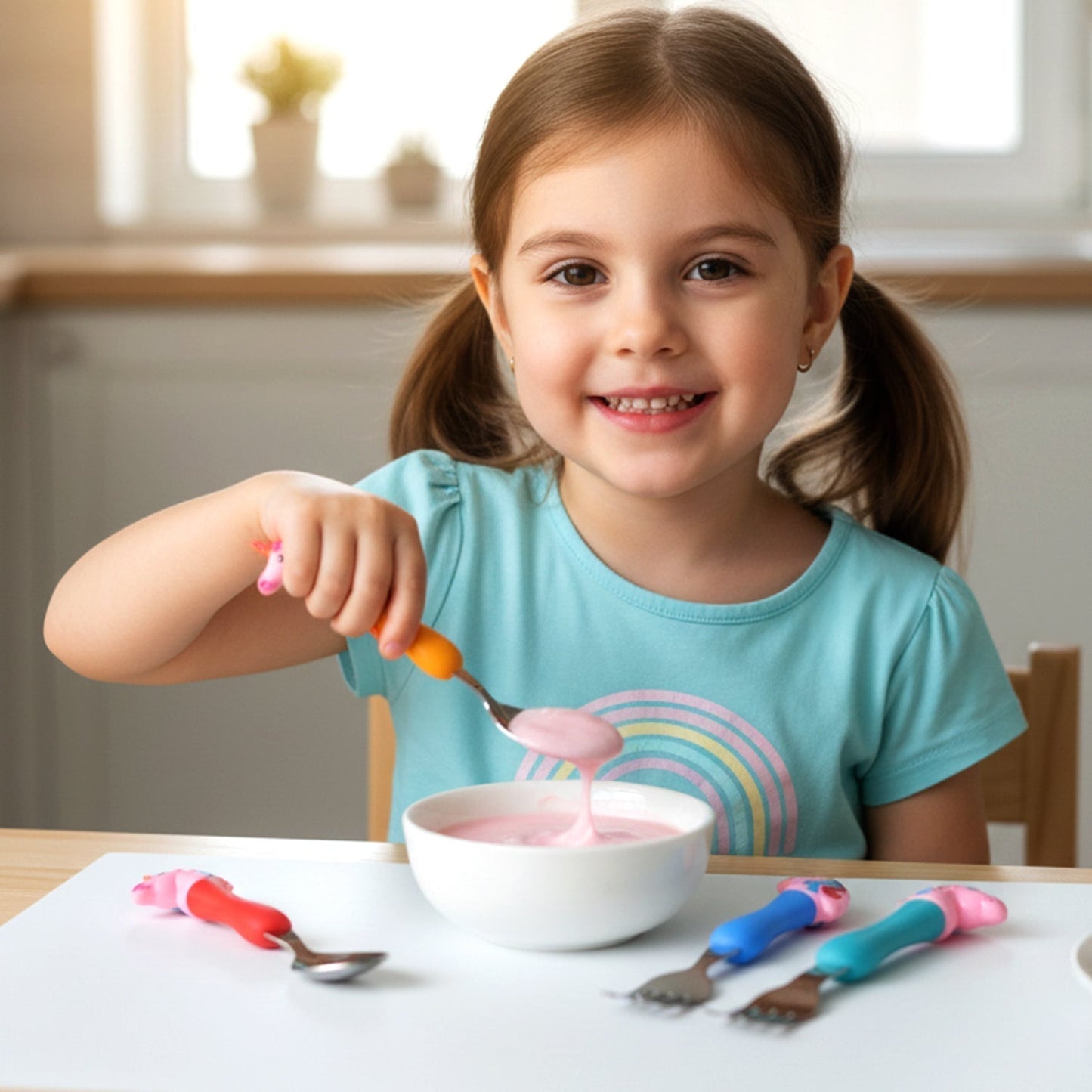 Unicorn Theme Kids Spoon and Fork With Plastic Handle Set (4 Pc Set)