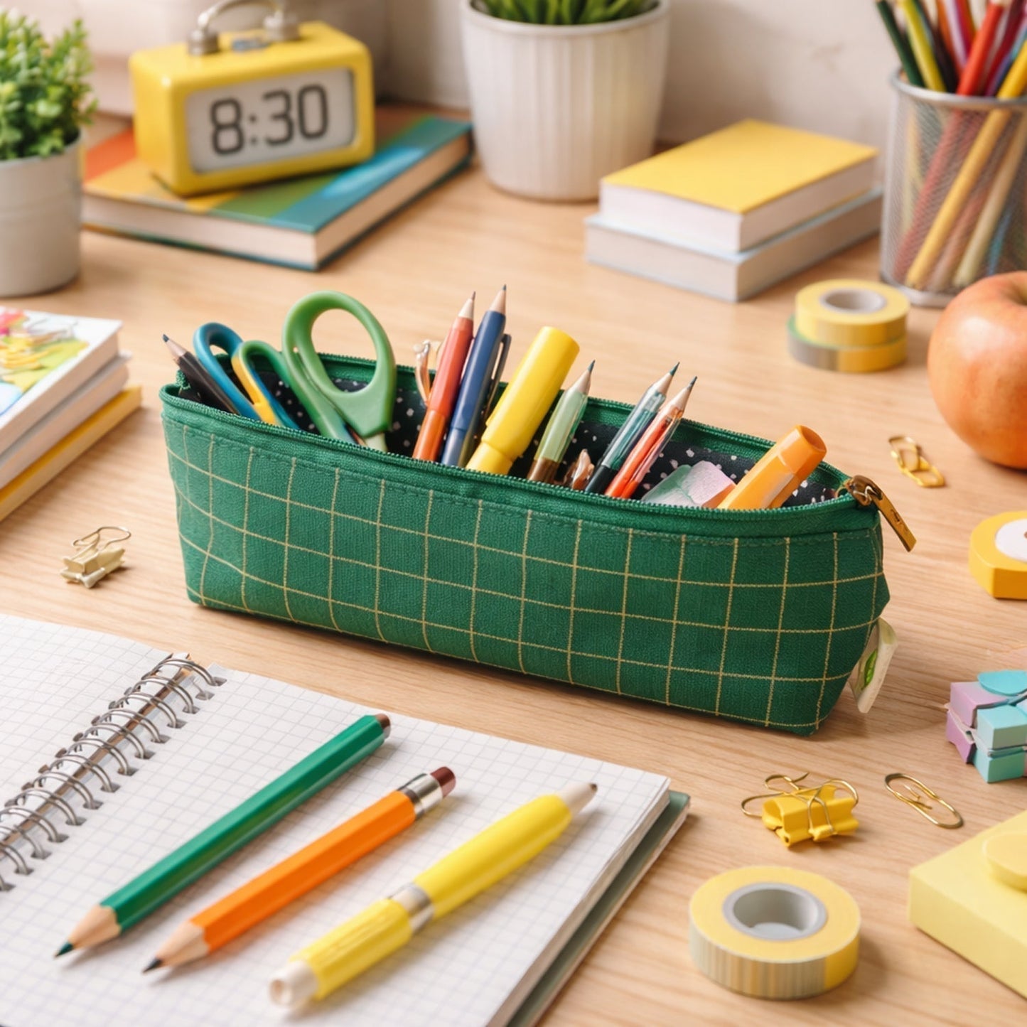 Premium Green Grid Printed Zipper Pencil Pouch Organizer (1 Pc)