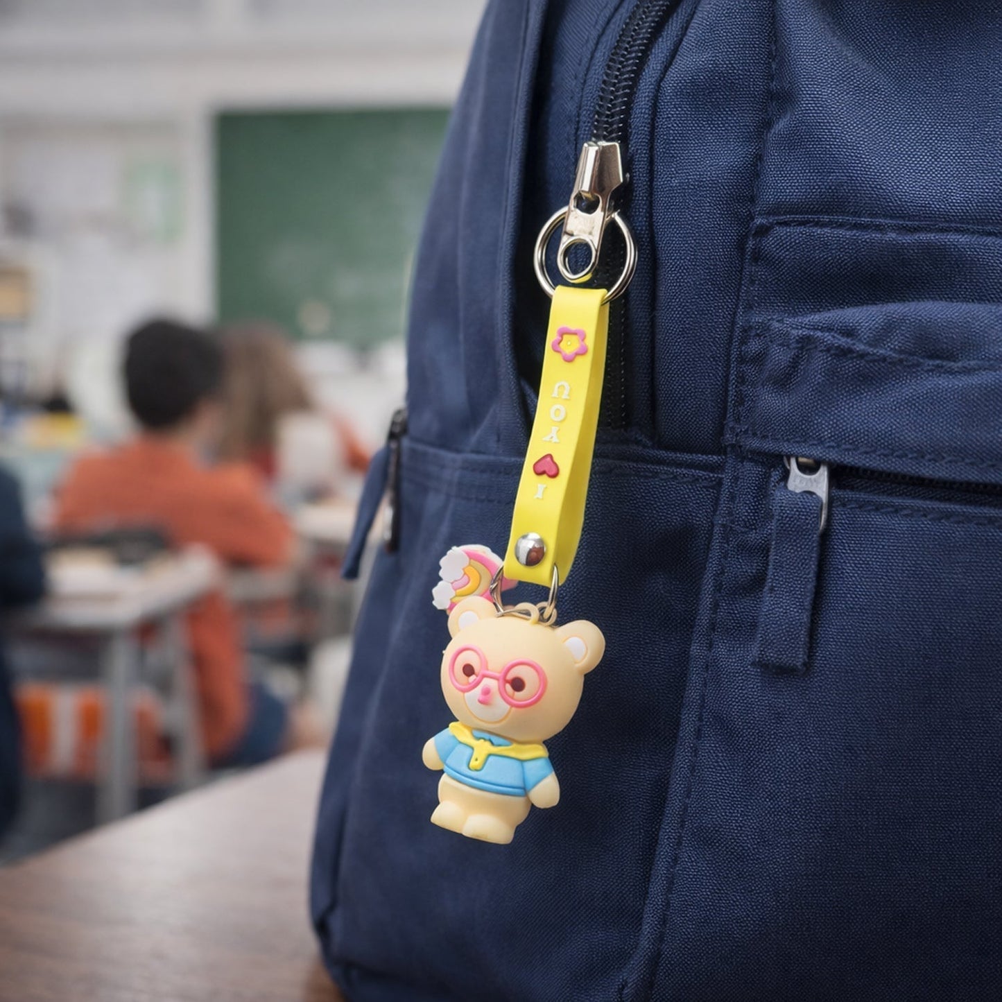 Cute Cartoon Teddy Bear Keychain with Yellow I Love You Strap (1 Pc)
