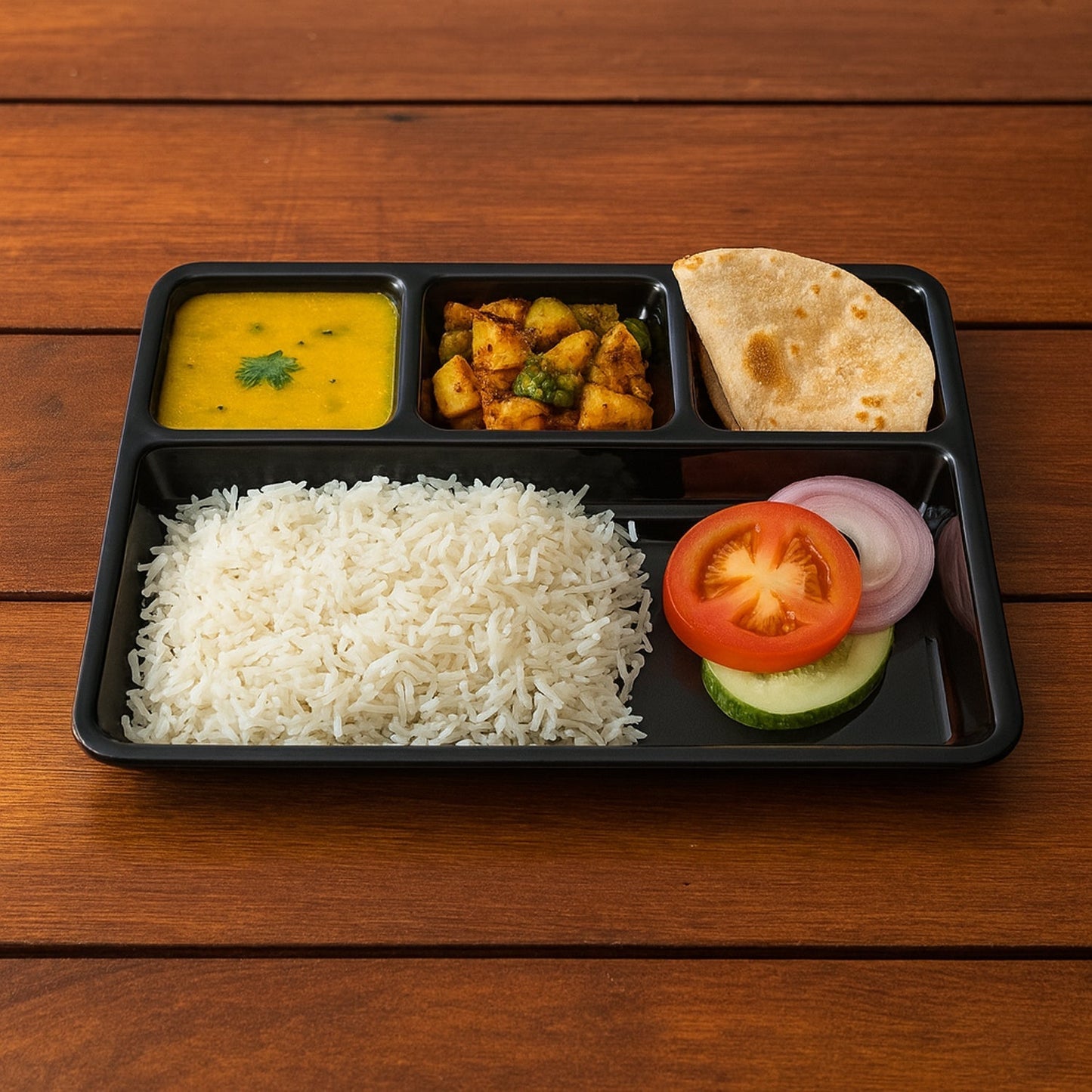 Plastic 4-Compartment Rectangular Meal Serving Tray – Sectioned Dining Plate (1 Pc)
