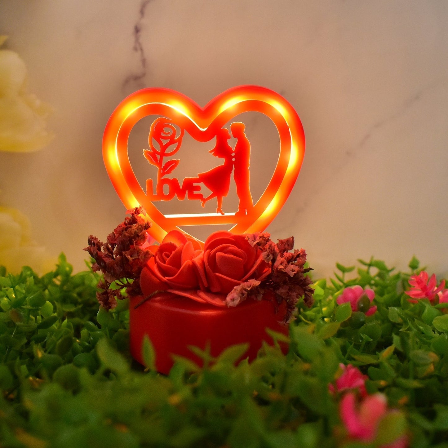 Romantic Heart-Shaped Love Couple Decorative Showpiece with Rose Base (1 Pc)