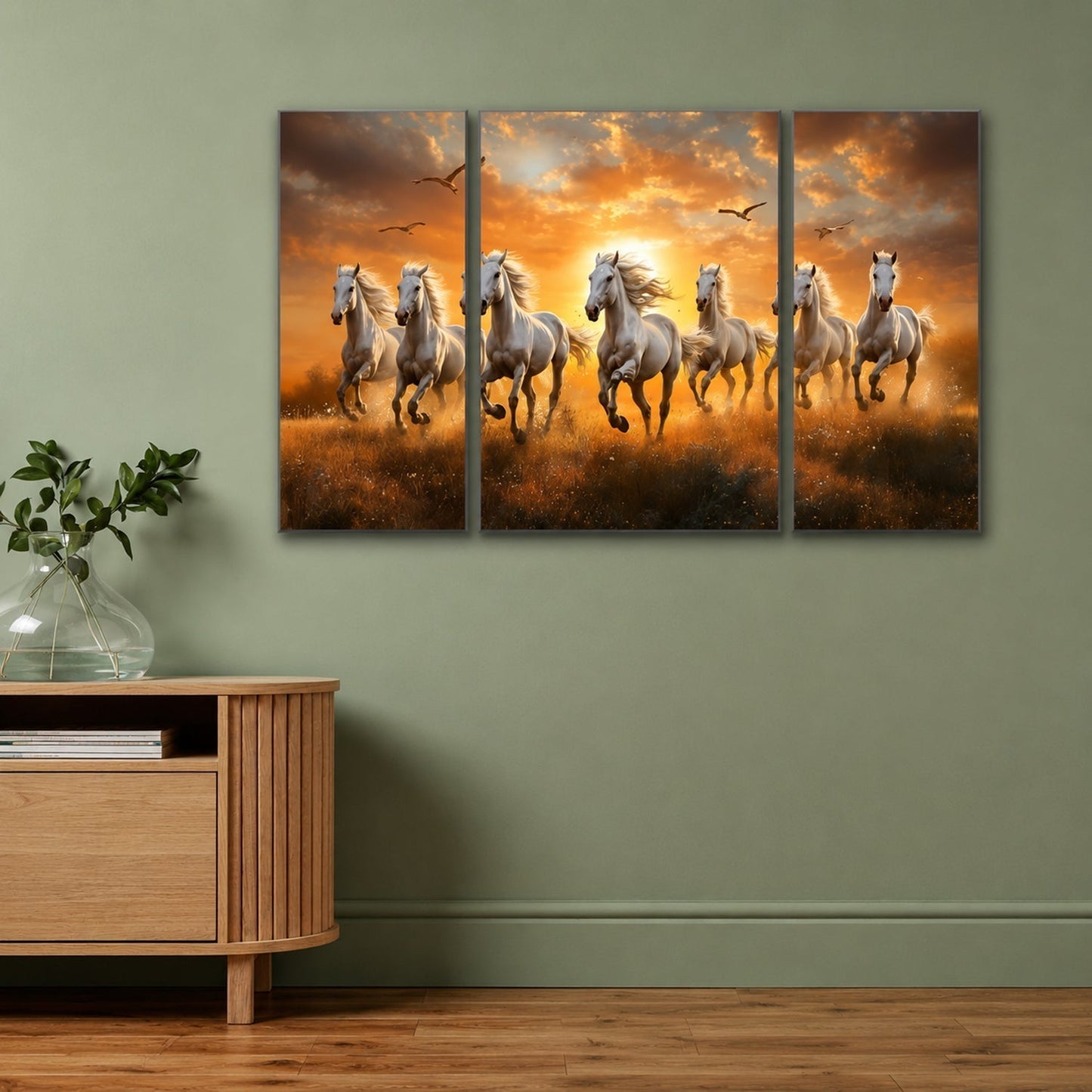 Horses Sunset 3 Panel MDF Wall Art Painting 16.5x12 Inch