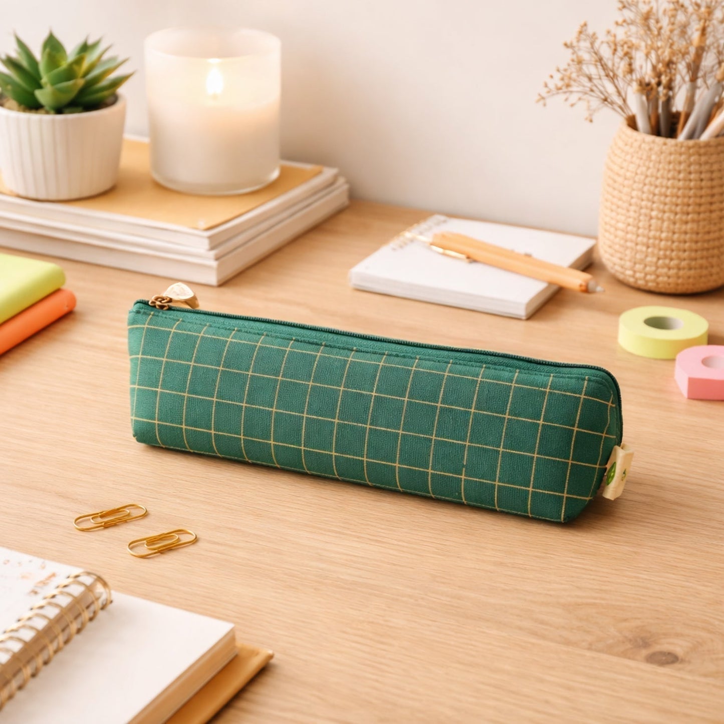 Premium Green Grid Printed Zipper Pencil Pouch Organizer (1 Pc)
