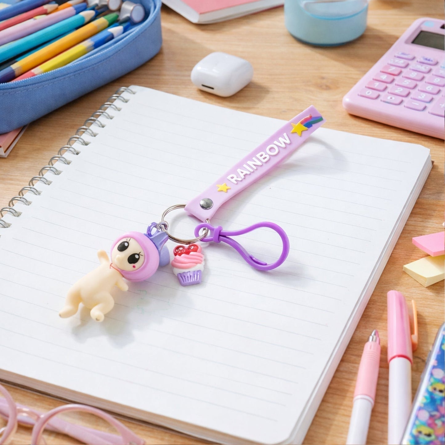 Cute Doll & Cupcake Keychain with Rainbow Strap (1 Pc)