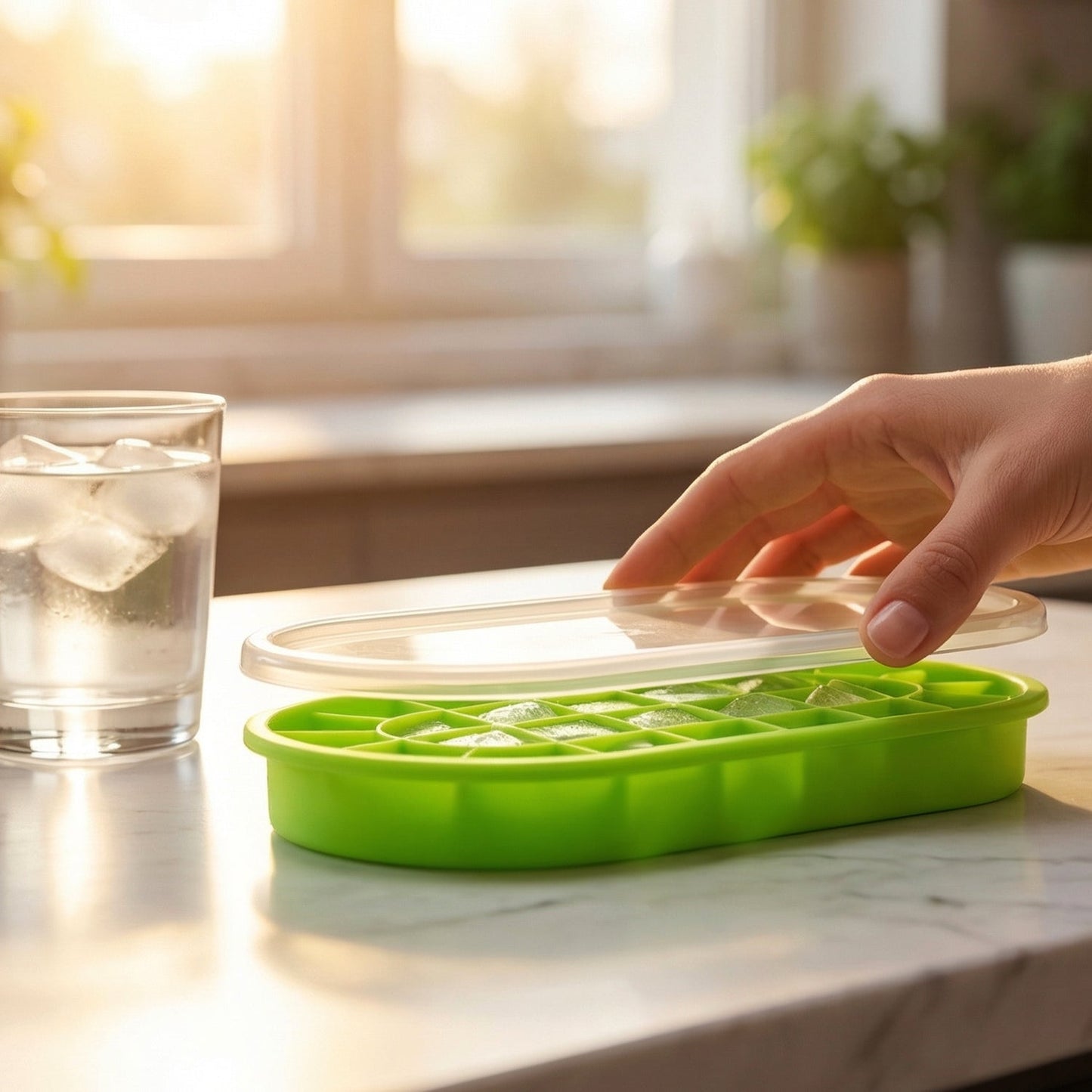 Premium Oval Silicone Ice Cube Tray with Lid (1 Pc)