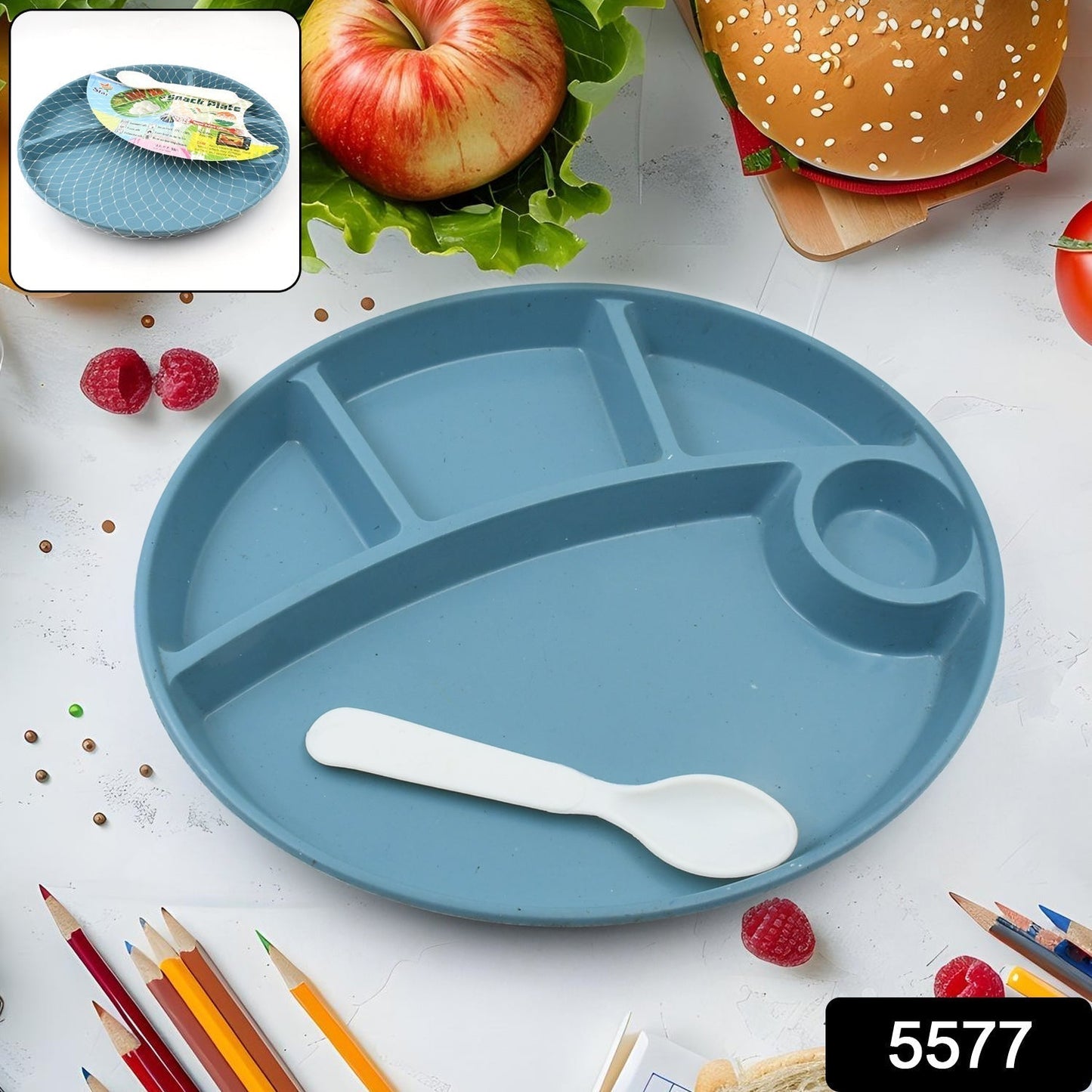 Plastic Food Plates / Biodegradable 5 Compartment Plate With Spoon for Food Snacks / Nuts / Desserts Plates for Kids, Reusable Plates for Outdoor, Camping, BPA-free (1 Pc)