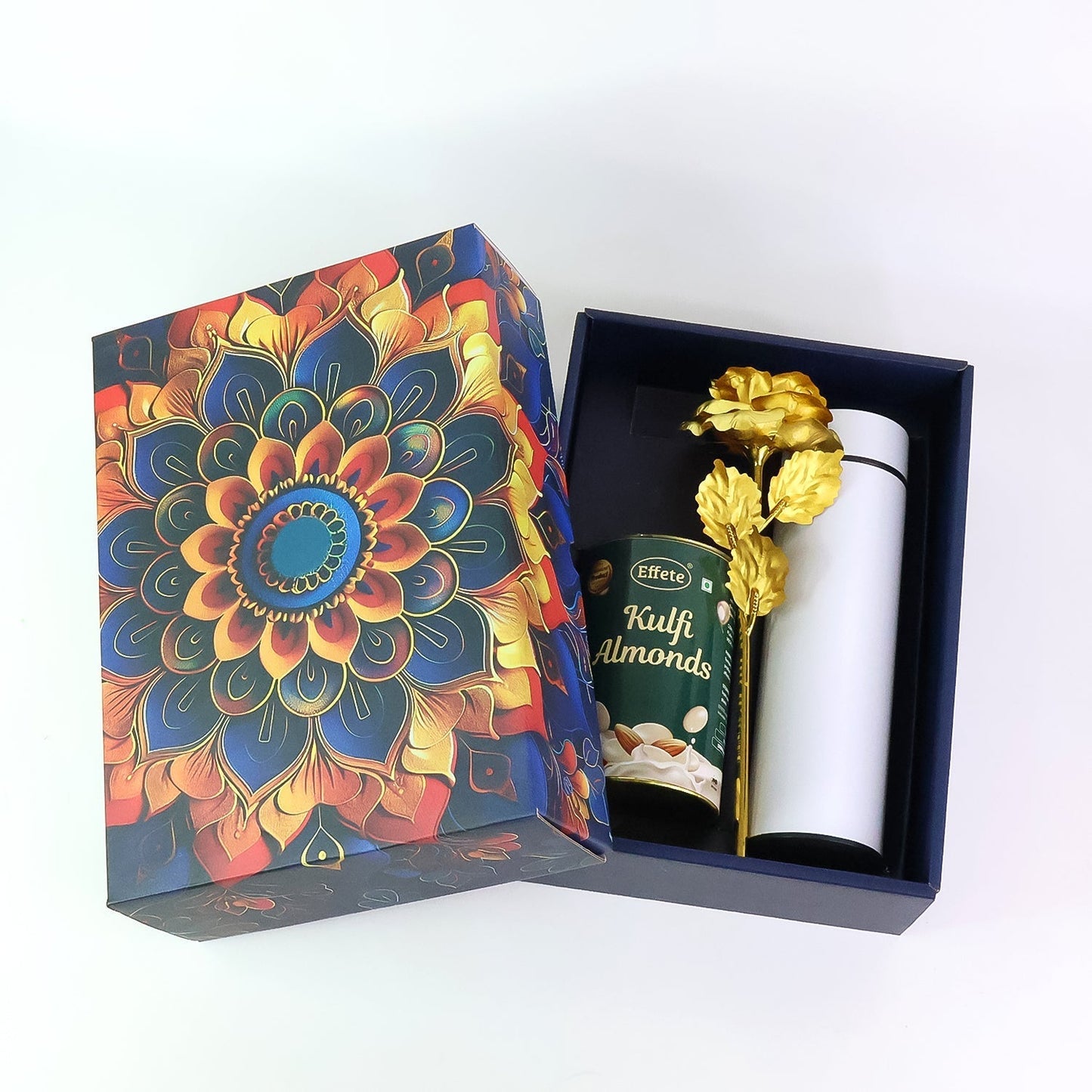Effete Kulfi Almonds Gift Hamper, Golden Rose With Bottle (3 Pc Set), Mix Color