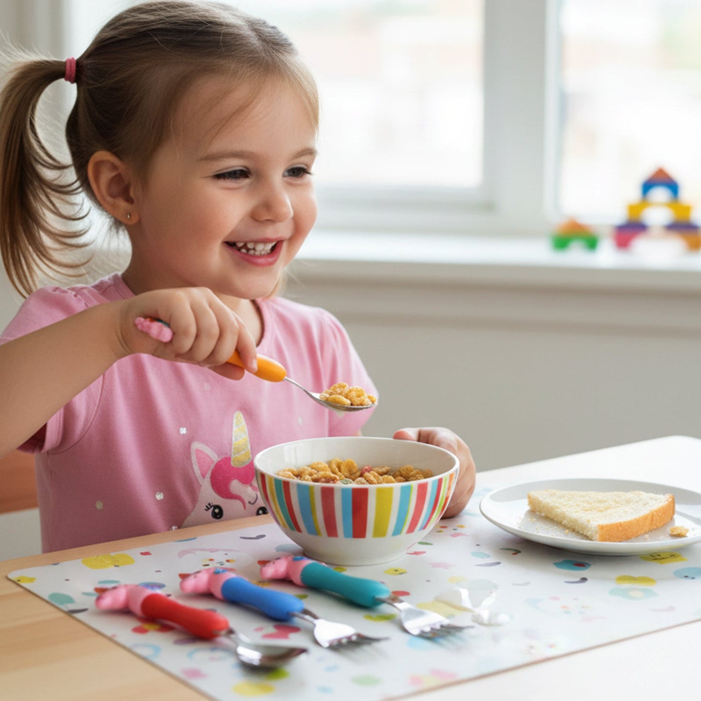 Unicorn Theme Kids Spoon and Fork With Plastic Handle Set (4 Pc Set)