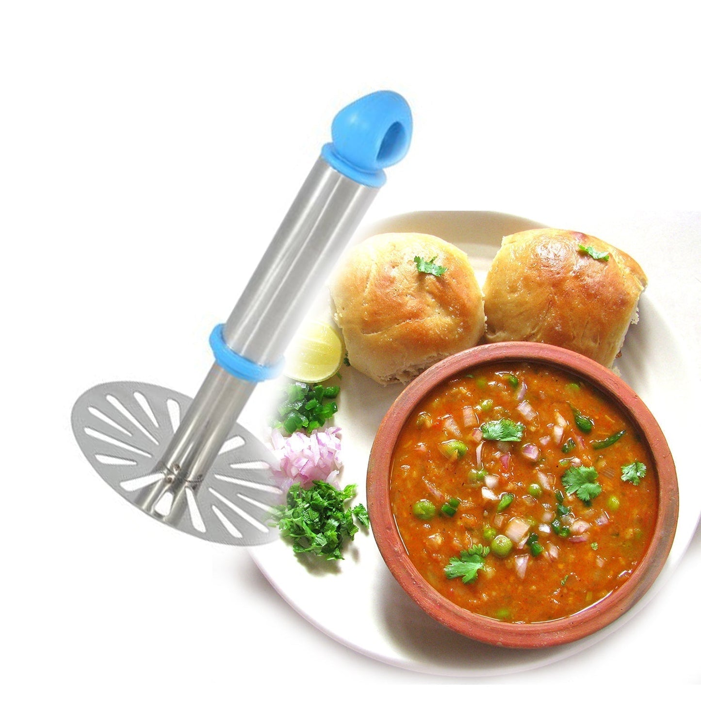 Ganesh Potato / Pav Bhaji Masher with Plastic Handle, Silver & Plastic - Oval Pav Masher, Potato 1-Piece, Smasher Handle, Multicolor