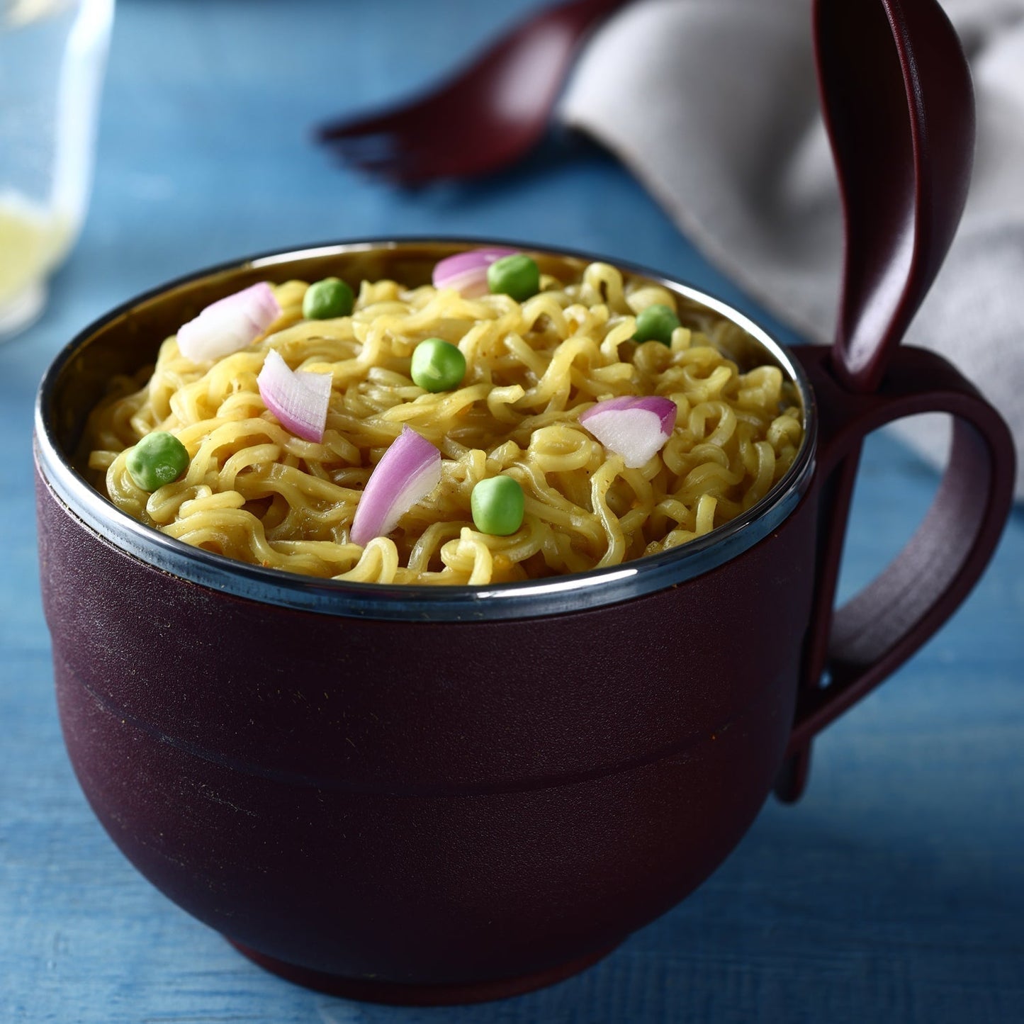 Noodles & Soup Bowl with Spoon and fork Handle Spoon Holder, Stainless Steel Bowl and Spoon Set, Stainless Steel Storage