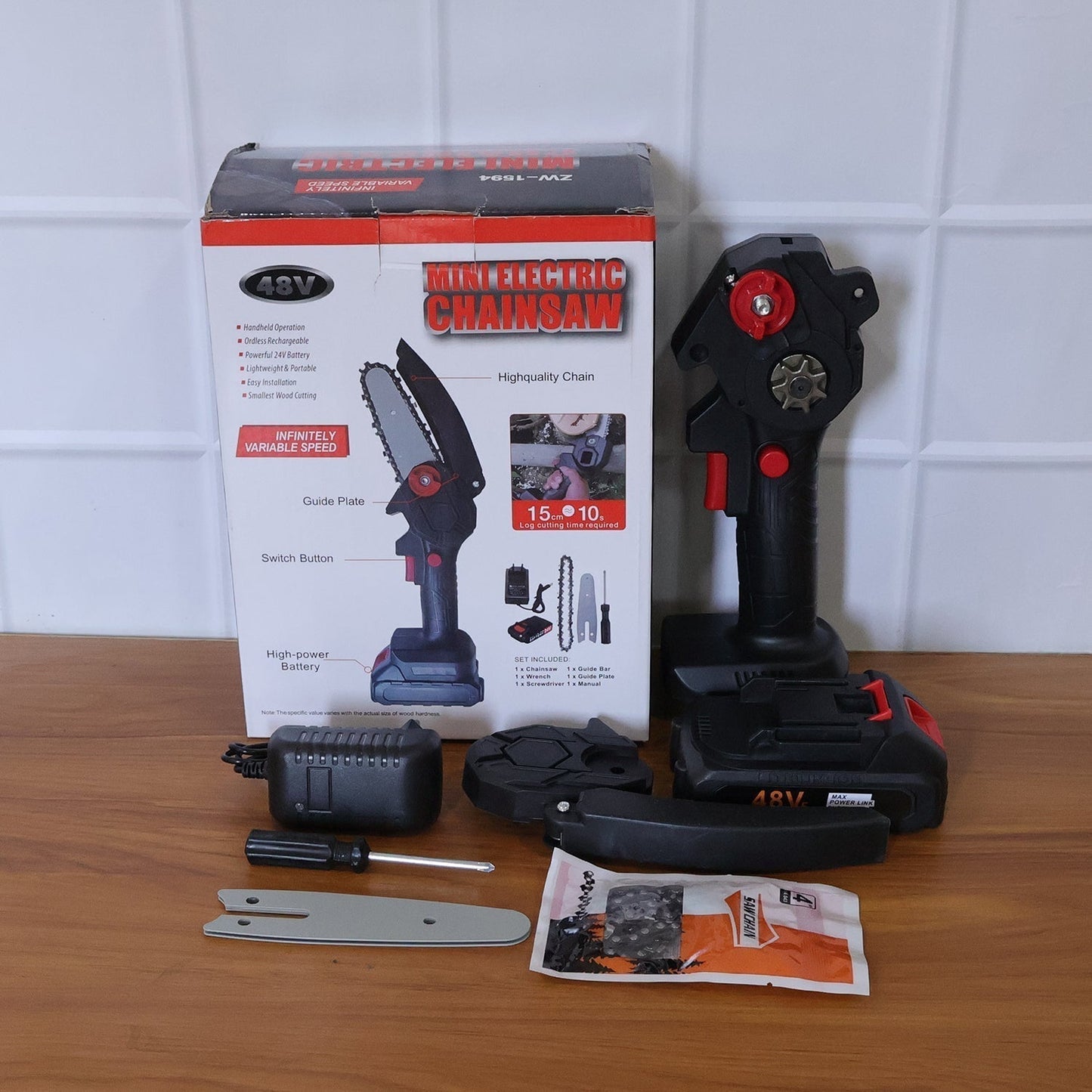 Mini Electric Cordless Chainsaw (1 Set, 48V, Blade size 28 Cm)