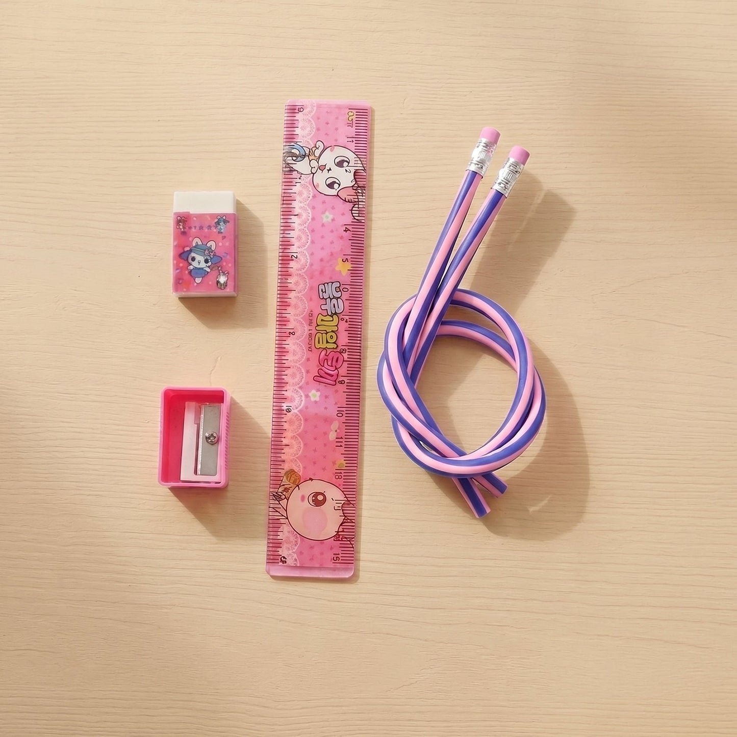 Kids School Stationery Kit – 5 In 1 Cute Cartoon Set with Flexible Pencils