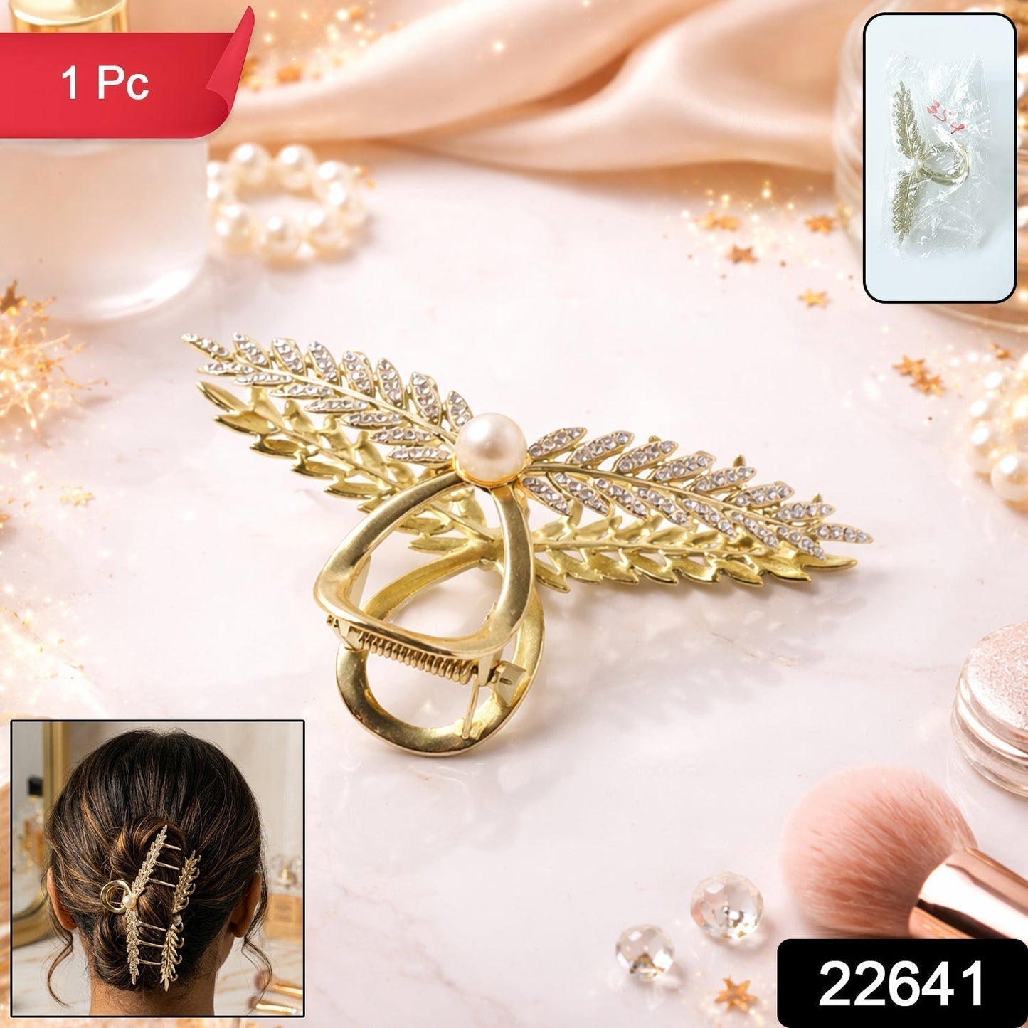 Luxury Leaf Design Pearl Hair Claw Clip for Women (1 Pc)