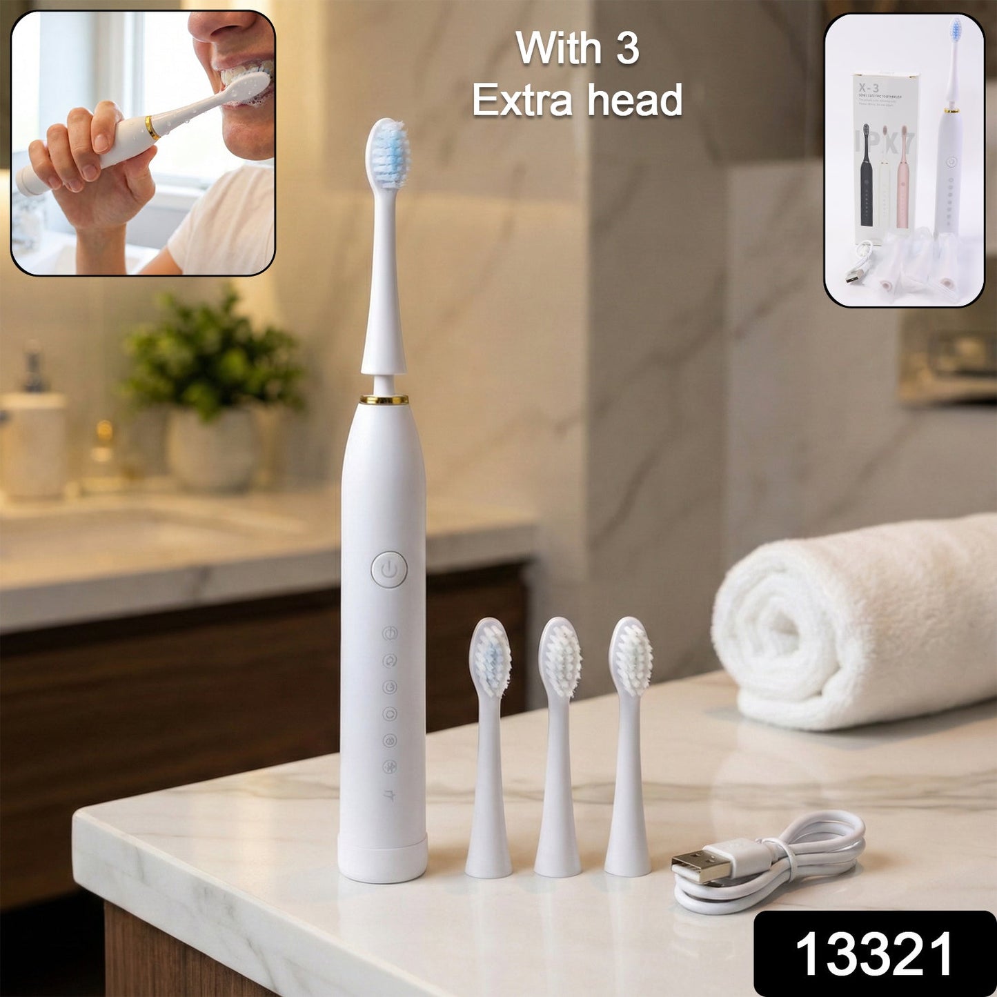 Rechargeable Electric Toothbrush White Color With 3 Extra head (1 Pc/ mix Color)