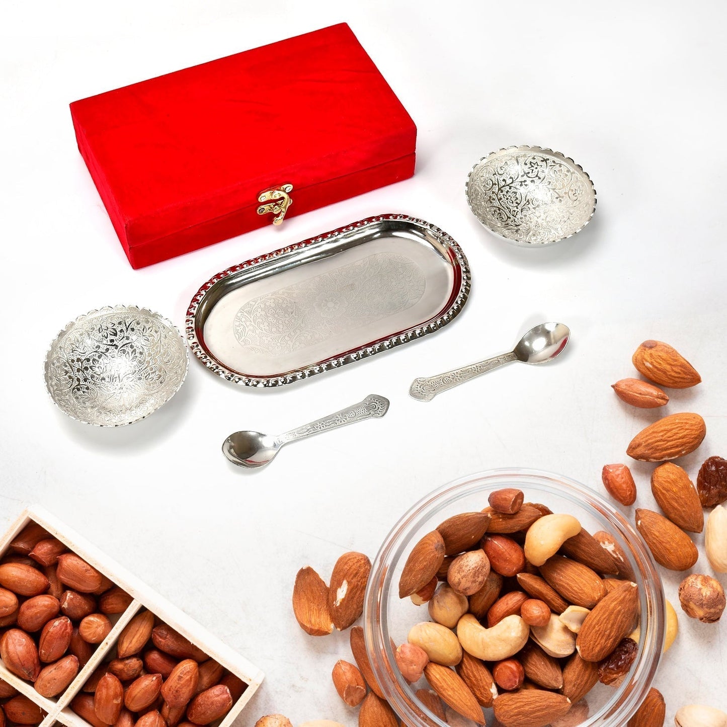 Silver-Plated Brass Bowl & Spoon Set with Velvet Gift Box