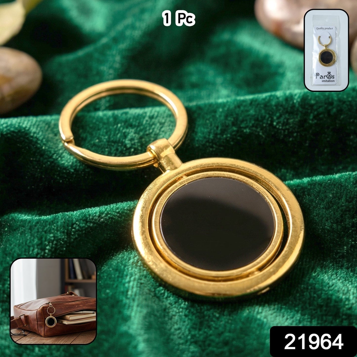 Gold Plated Keychain with Black Round Pendant Rotating (1 Pc)