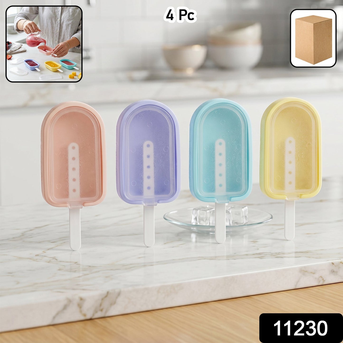 Premium Silicone Ice Cream Popsicle Mold Set 4 Pc