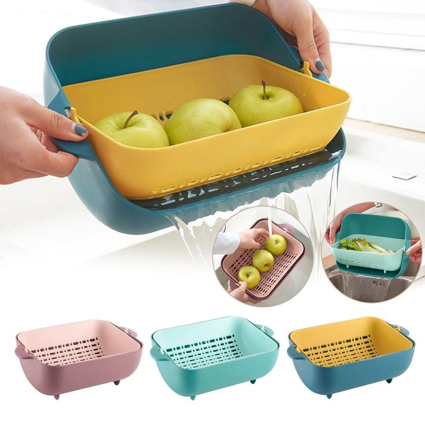Multifunctional BPA Free Double Layered Plastic Rotatable Strainer Basket (Multicolor)