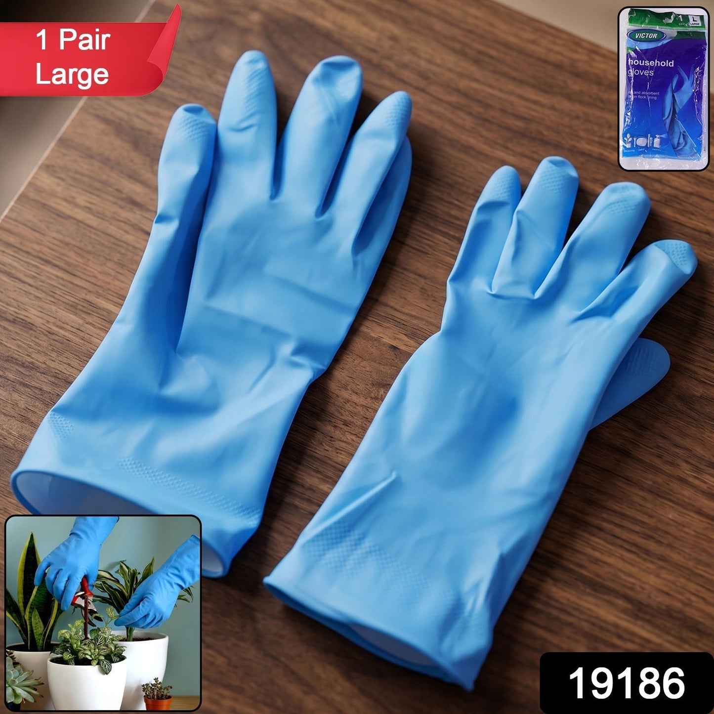 Large Victor Blue Cleaning Rubber Gloves Reusable Kitchen Dishwashing (1 Pair)