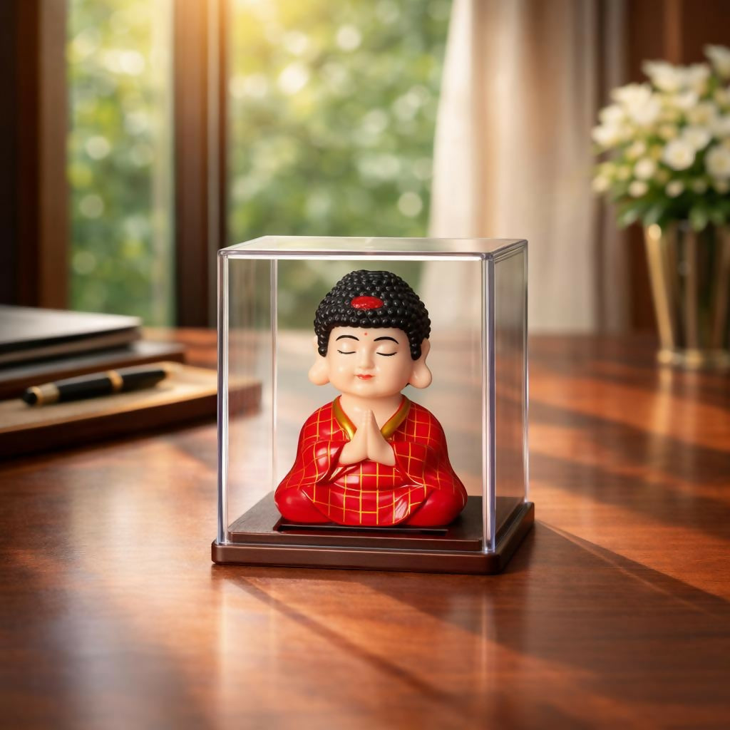 Solar Powered Buddha Bobble Head in Clear Display Case (Color may vary)