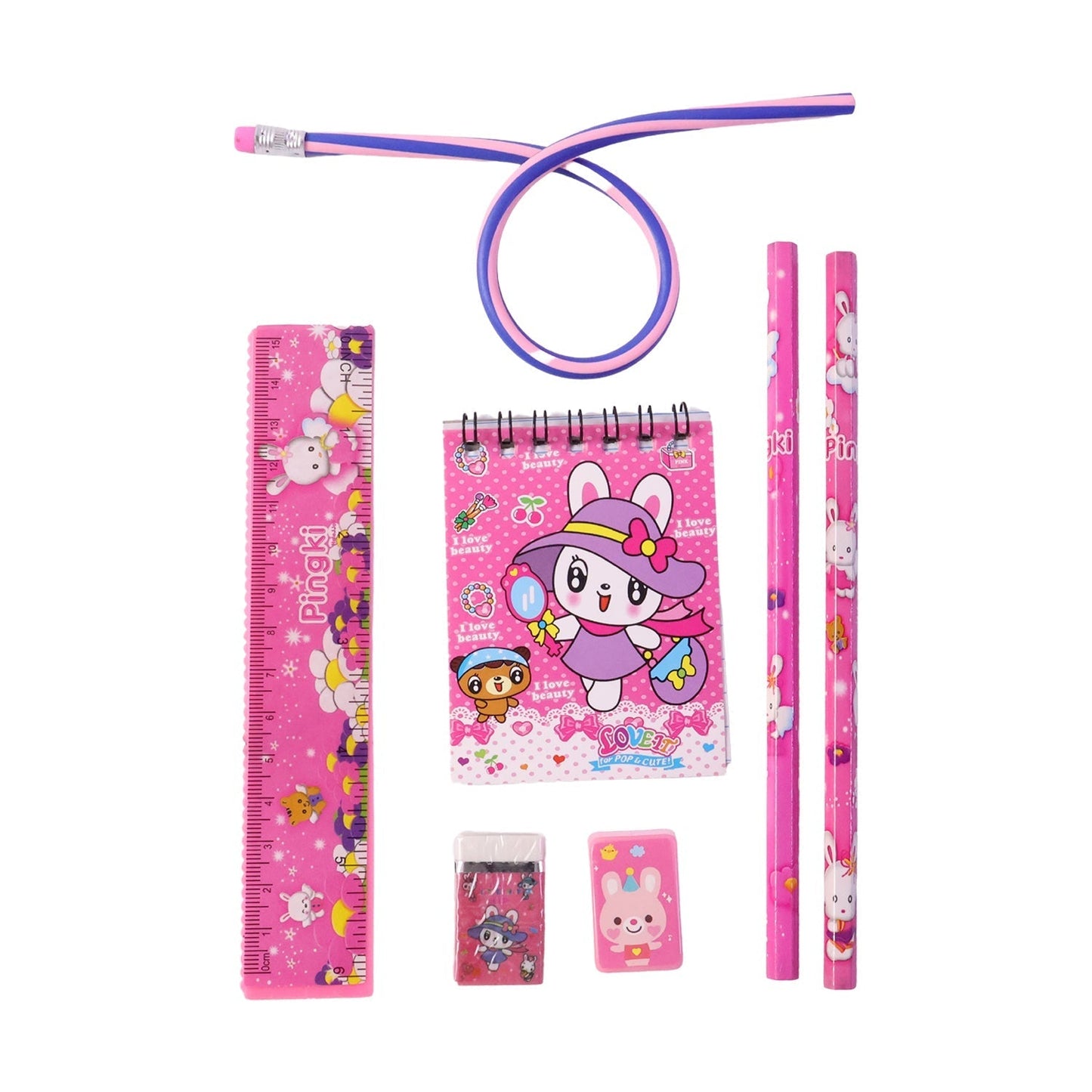 7-In-1 Cute Pink Stationery Set with Ruler, Pencil, Eraser, Notebook, Sharpener