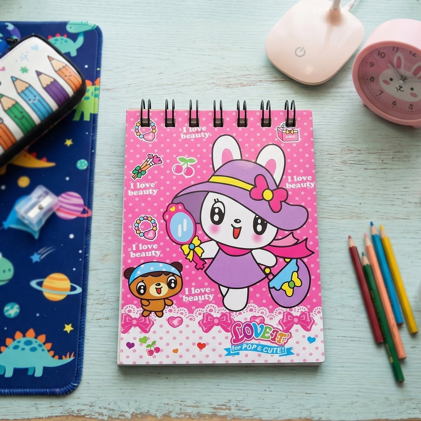 7-In-1 Cute Pink Stationery Set with Ruler, Pencil, Eraser, Notebook, Sharpener