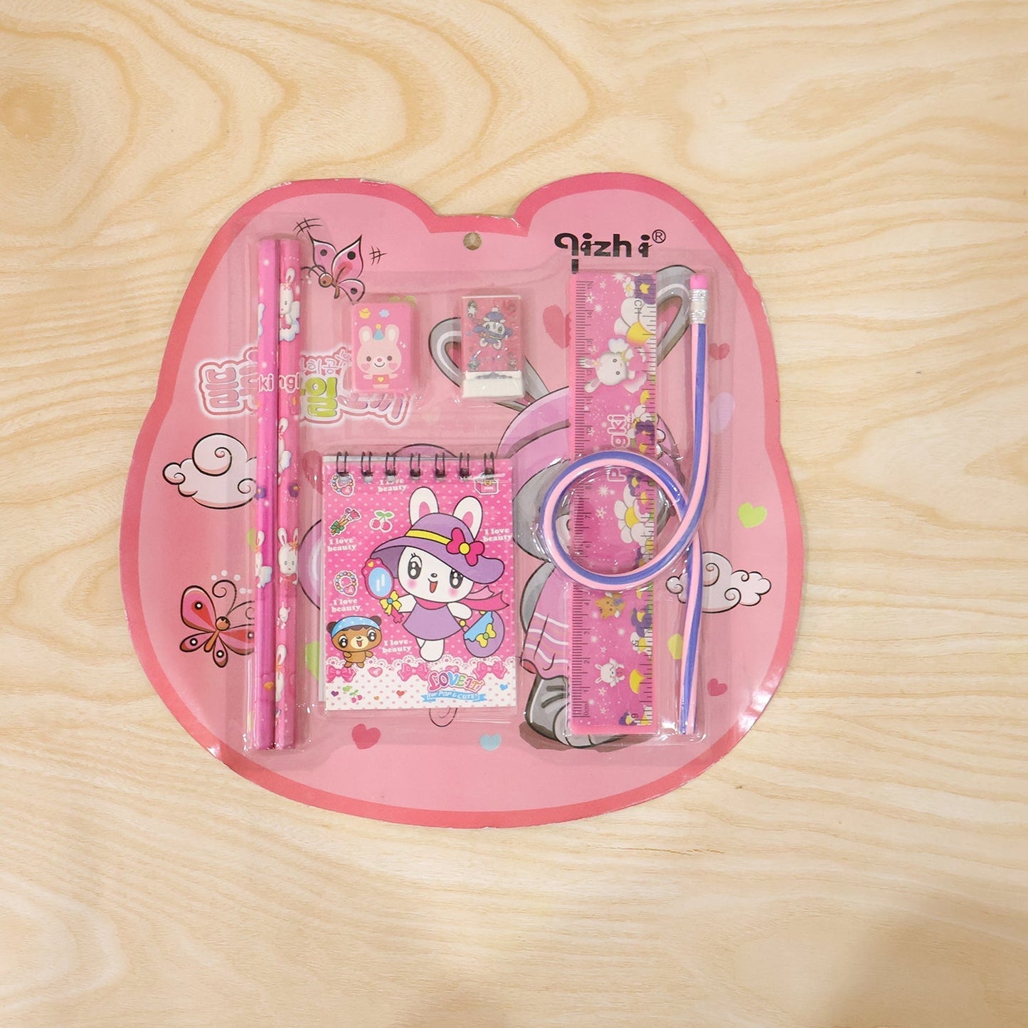 7-In-1 Cute Pink Stationery Set with Ruler, Pencil, Eraser, Notebook, Sharpener