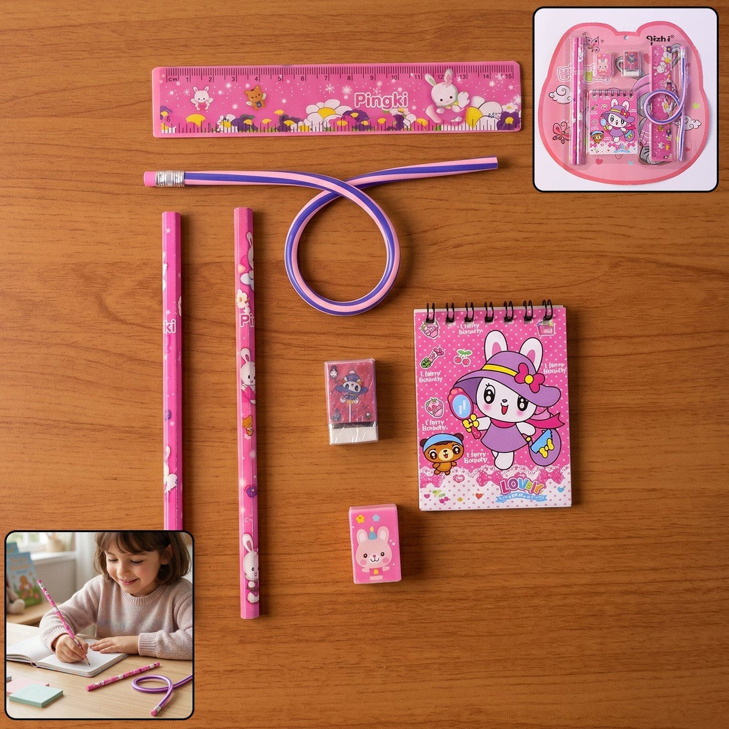 7-In-1 Cute Pink Stationery Set with Ruler, Pencil, Eraser, Notebook, Sharpener