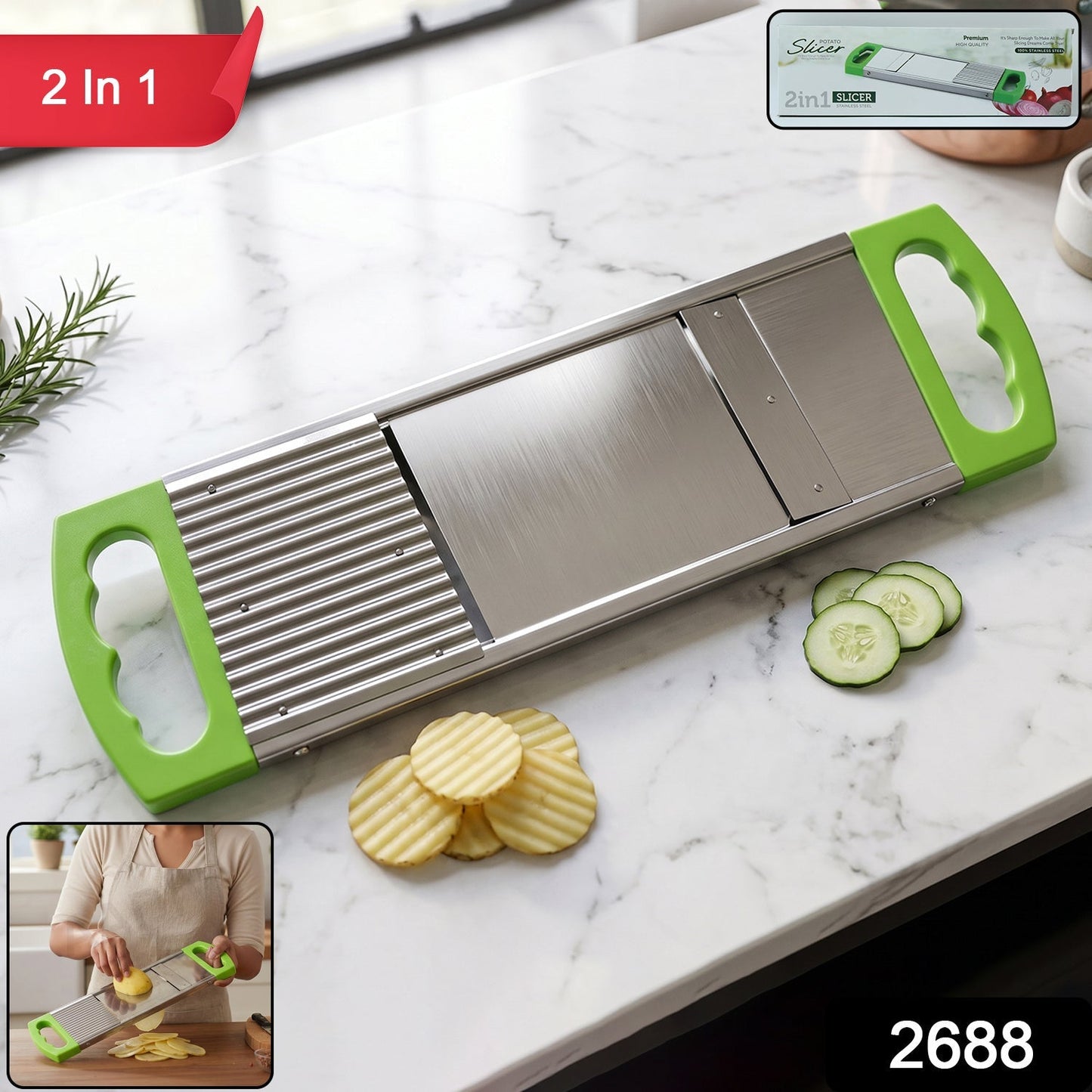 2 in 1 Potato Slicer used in all kinds of household kitchen purposes for cutting and slicing of potatoes.