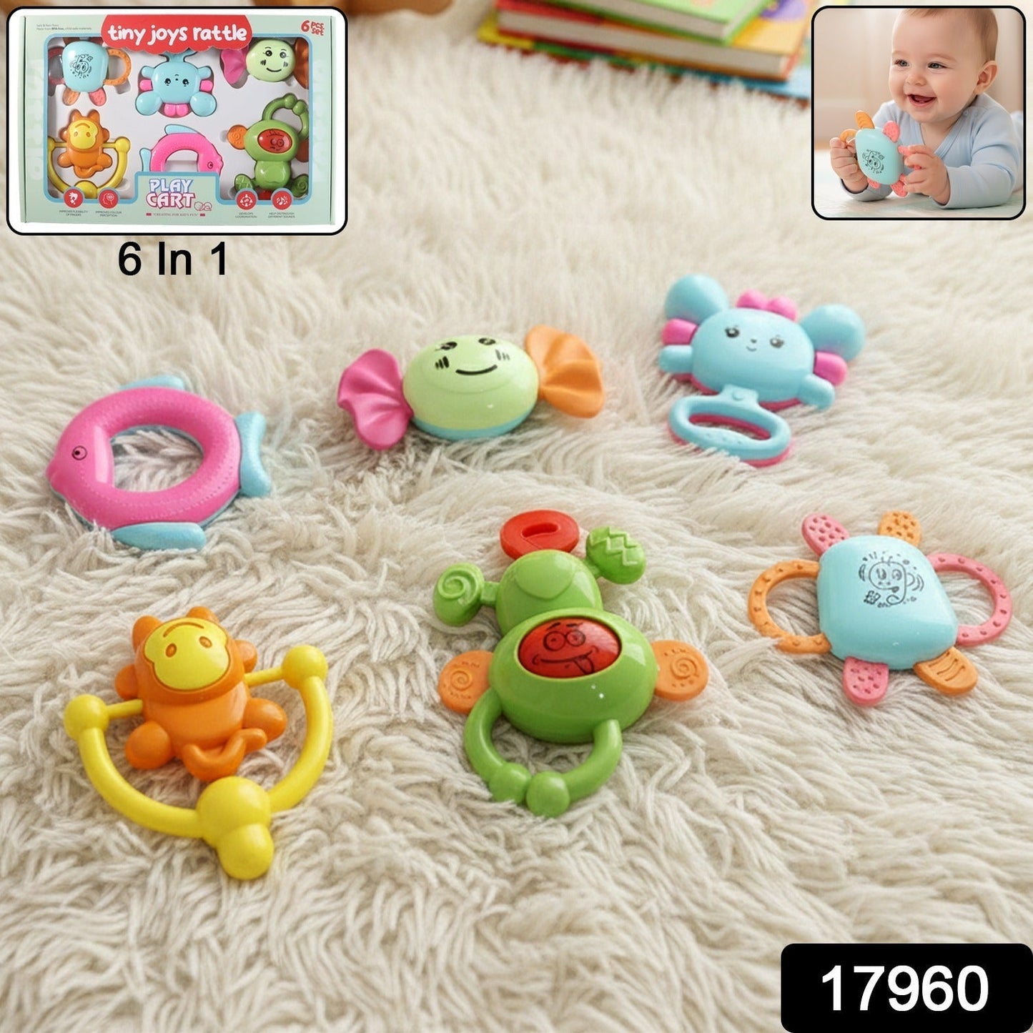 Play Cart Tiny Joys Rattle Toy Set – 6-in-1 Baby Rattles