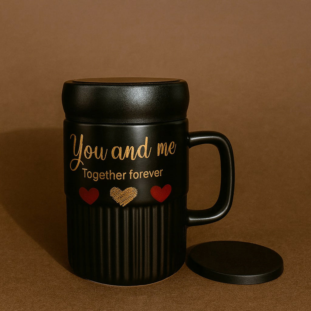 Premium Sweet Love Ceramic Mug with Lid & Spoon | Romantic Valentine Gift Cup for Couples | Leak-Resistant Lid, Large Capacity Coffee/Tea Mug | “Sweet Love†& “You & Me†Printed Heart Design | Microwave Safe | Ideal for Gifting