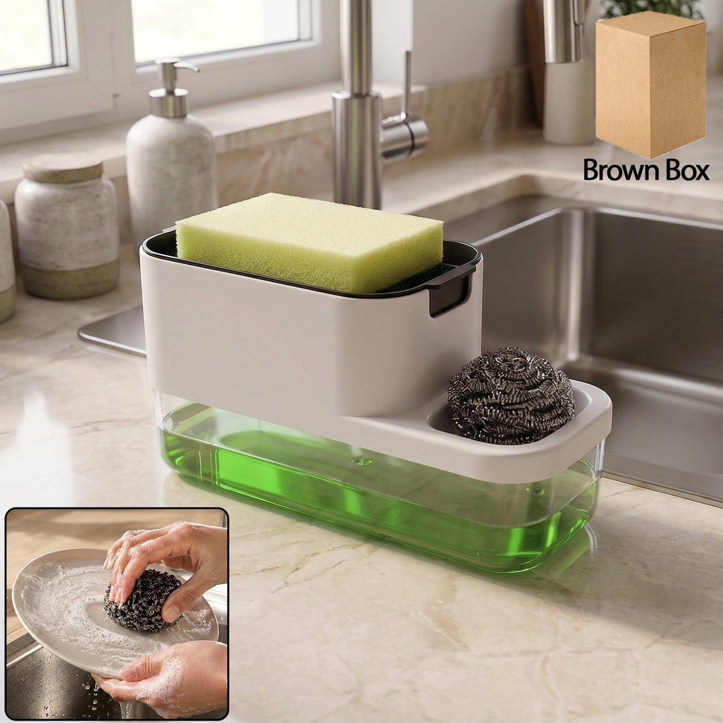 2 in 1 Plastic Dish Soap Liquid Dispenser Sponge Holder ,Sabudani (1 Set)