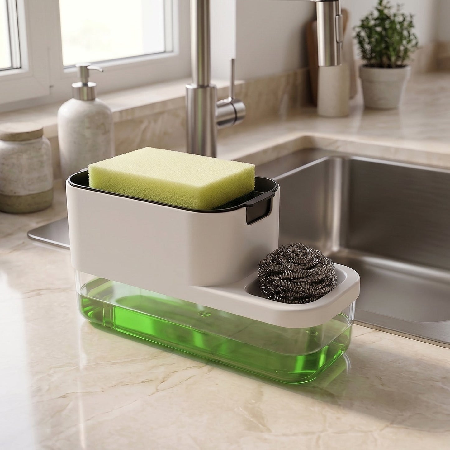 2 in 1 Plastic Dish Soap Liquid Dispenser Sponge Holder ,Sabudani (1 Set)