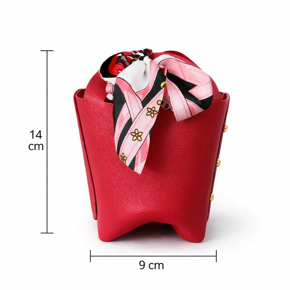 Maroon Mini Handbag with Scarf Handle Compact Stylish Fashion Purse