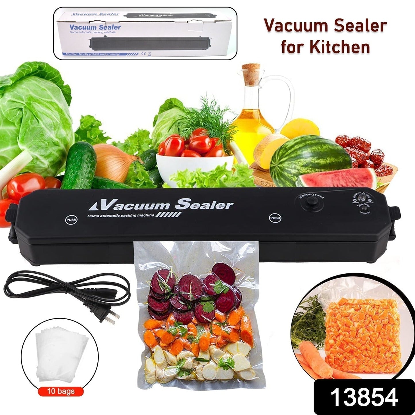 Vacuum Sealer Machine with 10 Bags, Automatic Hands-Free, Smart Food Preservation (1 Set)