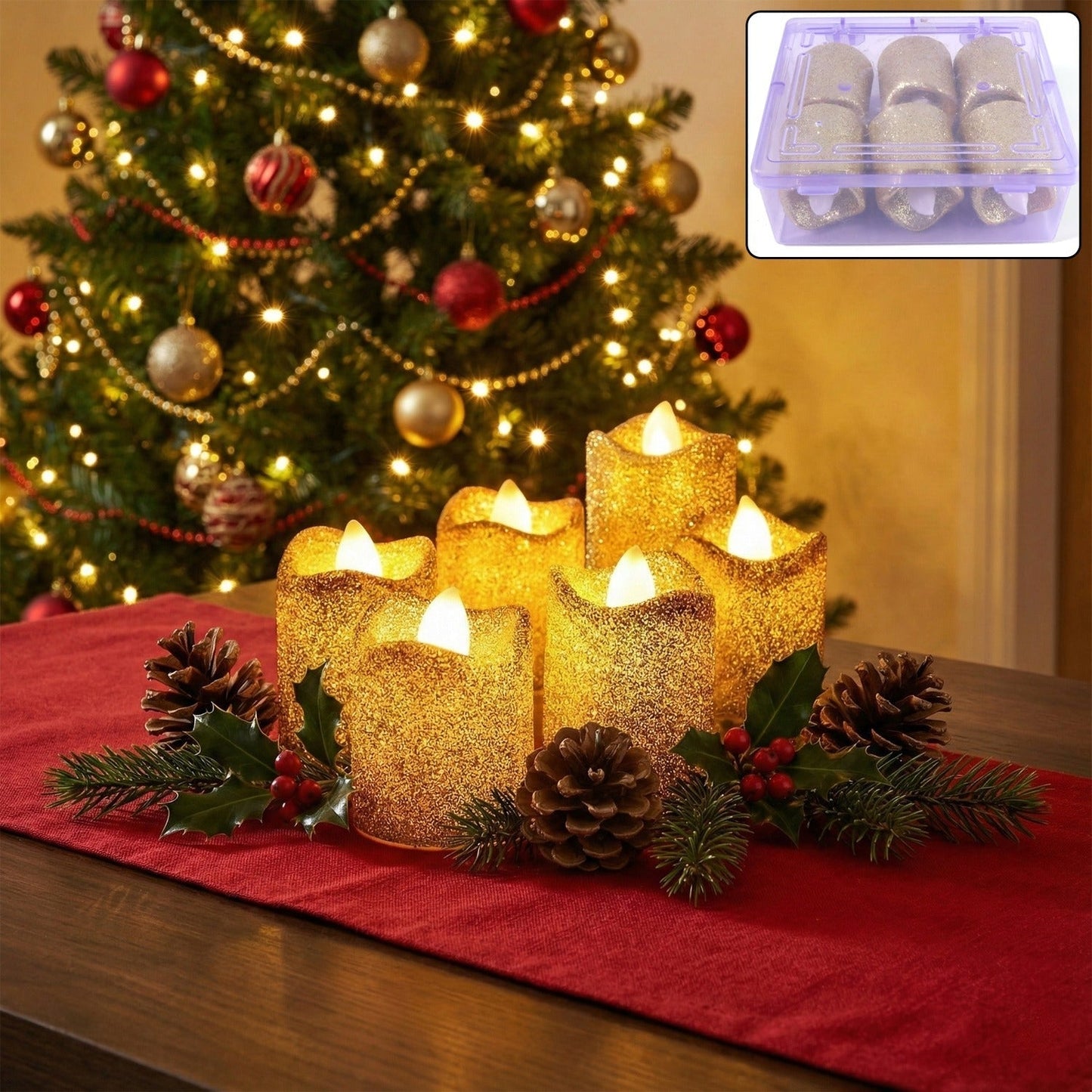 Christmas Premium Glitter LED Tealight Candles (6 Pc Set)